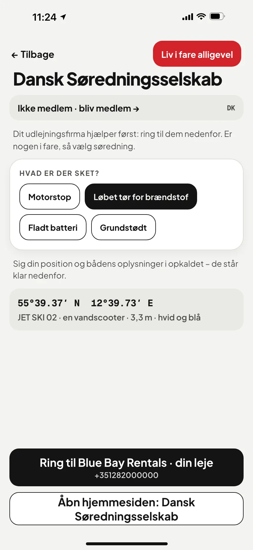VesselSOS-appen, ikke en nødsituation: teknisk assistance med en knap, der ringer til assistancetjenesten