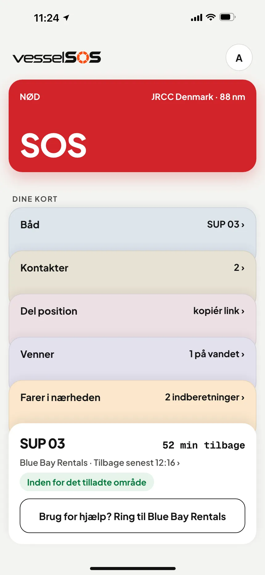 VesselSOS-appen på vandet: tur i gang, tilbage kl. 12:30, Blue Bay Rentals og Sam kan se turen live
