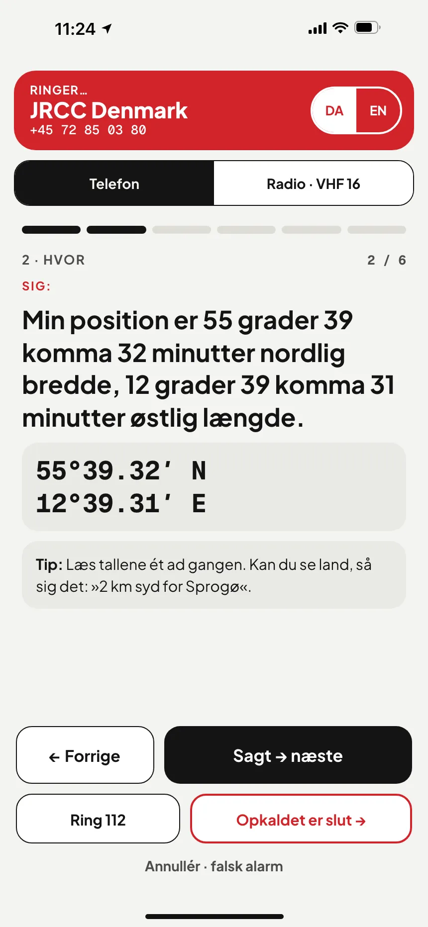 SOS i VesselSOS-appen: opkald til MRCC Lisboa, redningscentralen for farvandet, med positionen i ord