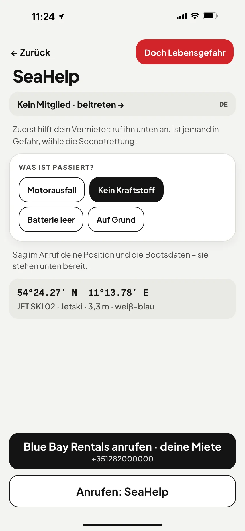 VesselSOS-App, kein Notfall: technische Hilfe mit einer Taste, die den Hilfsdienst anruft