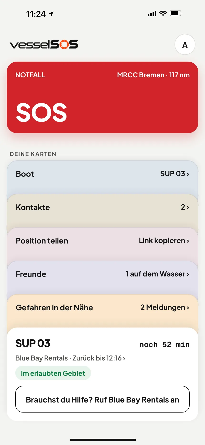 VesselSOS-App auf dem Wasser: Tour läuft, zurück um 12:30, Blue Bay Rentals und Sam sehen die Tour live