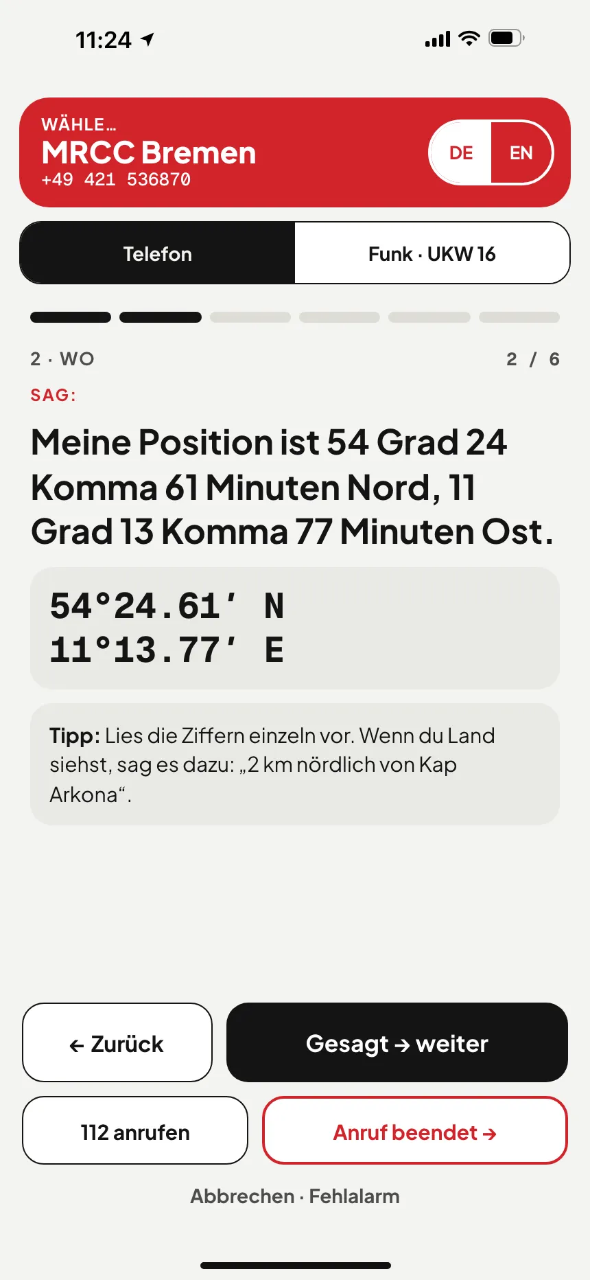 SOS in der VesselSOS-App: Anruf bei MRCC Lisboa, der zuständigen Seenotleitung für dieses Revier, mit der Position in Worten