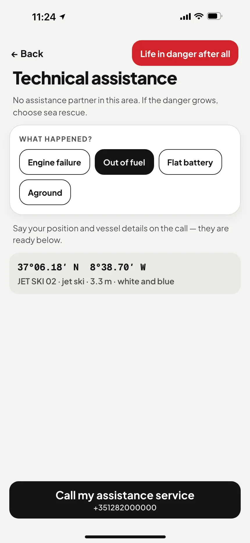 VesselSOS app, not an emergency: technical assistance with a button that calls the assistance service