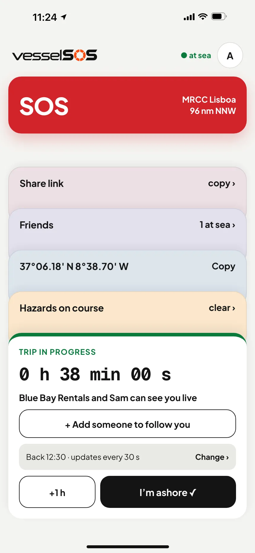 VesselSOS app on the water: trip in progress, back by 12:30, Blue Bay Rentals and Sam can see the trip live