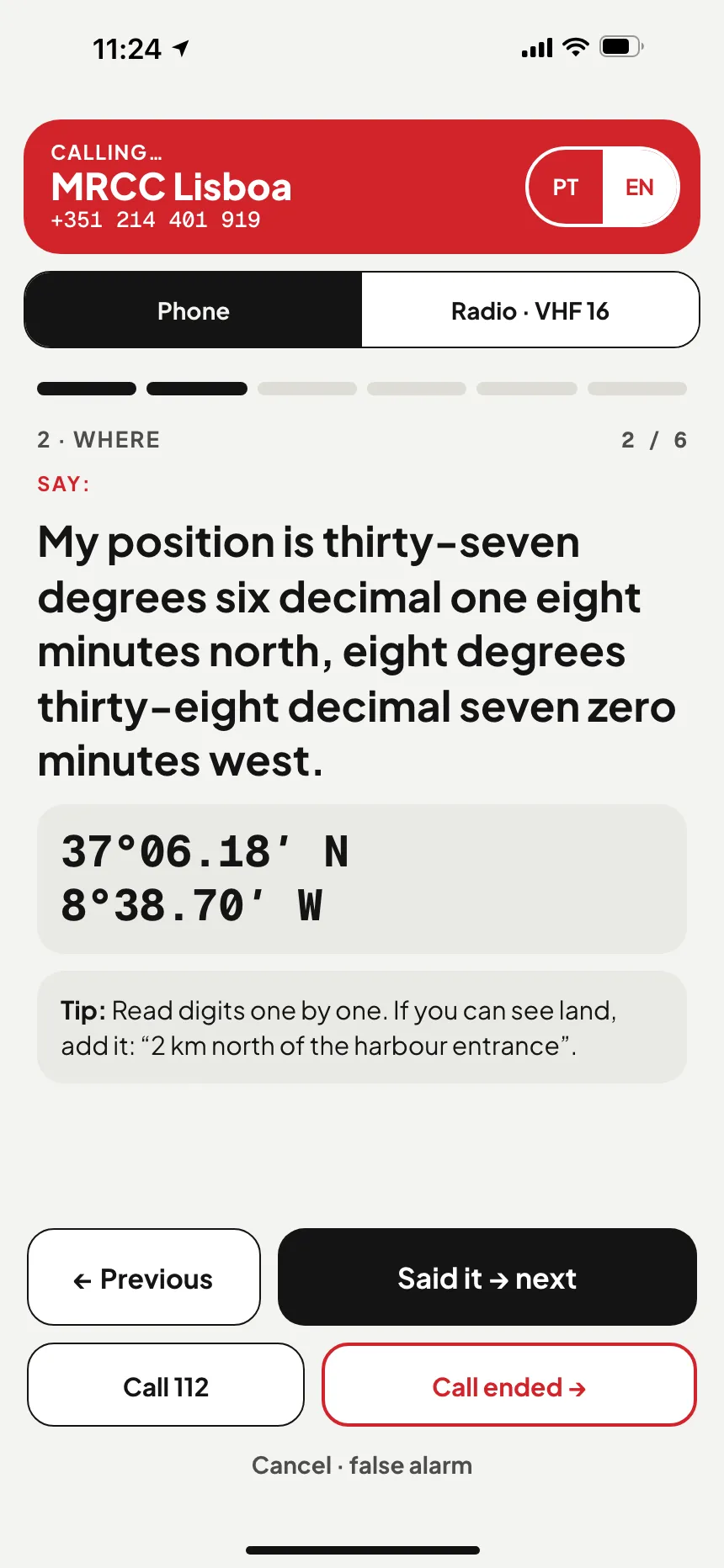 VesselSOS app SOS: calling MRCC Lisboa, the rescue centre for these waters, with the position in words