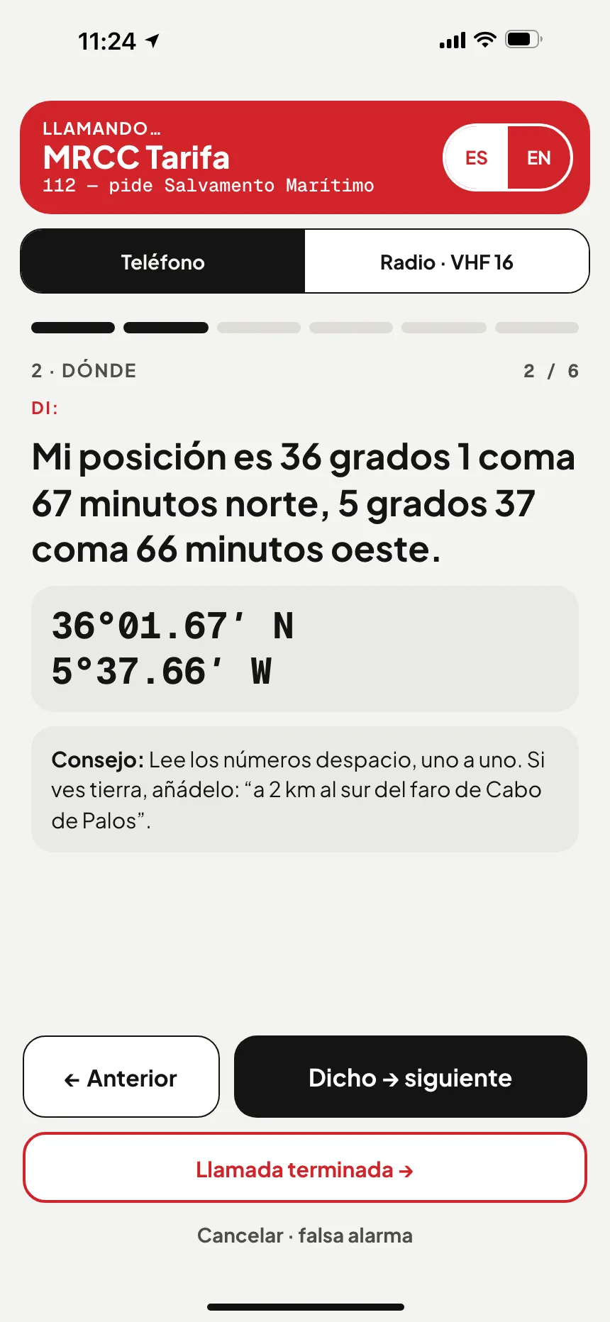 SOS en la app VesselSOS: llamando a MRCC Lisboa, el centro de salvamento de esas aguas, con la posición en palabras