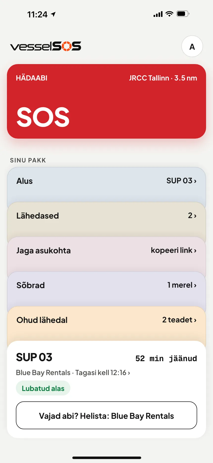VesselSOS äpp vee peal: sõit käib, tagasi kell 12:30, Blue Bay Rentals ja Sam näevad sõitu reaalajas
