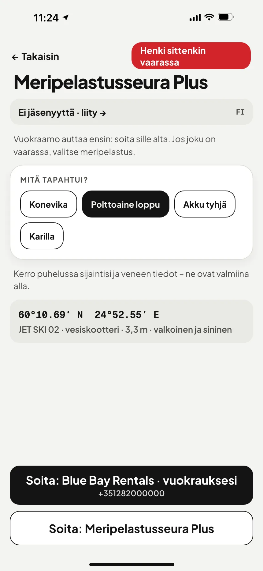 VesselSOS-sovellus, ei hätätilanne: tekninen apu ja painike, joka soittaa avustuspalveluun
