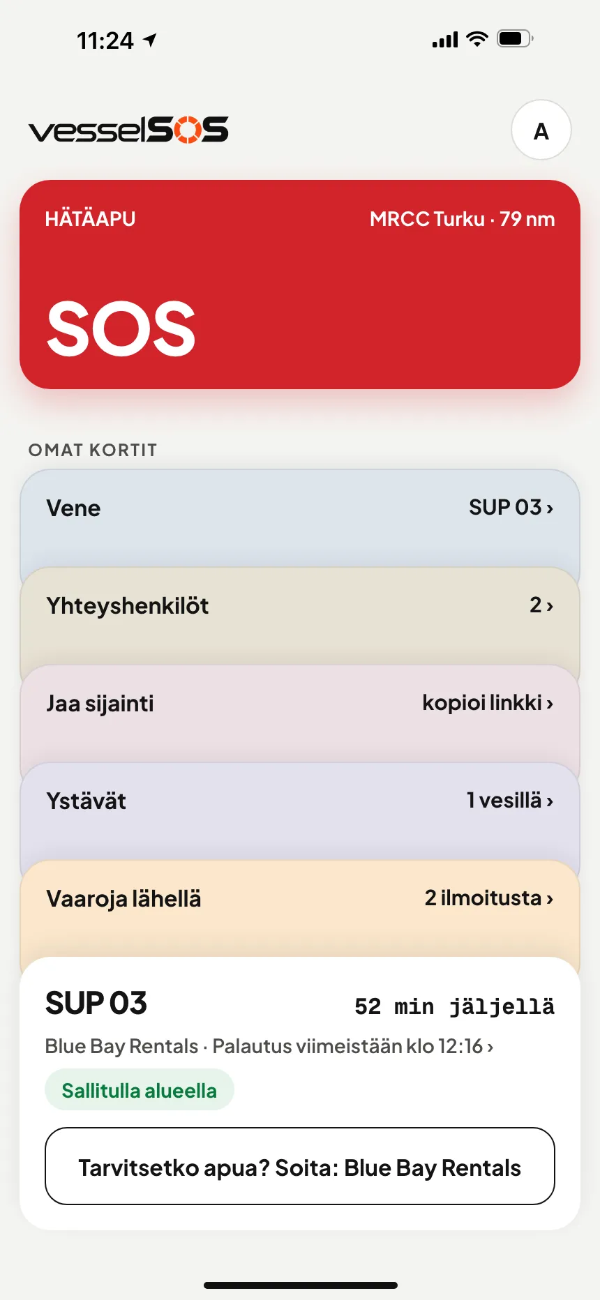 VesselSOS-sovellus vesillä: matka käynnissä, takaisin klo 12:30, Blue Bay Rentals ja Sam näkevät matkan reaaliajassa