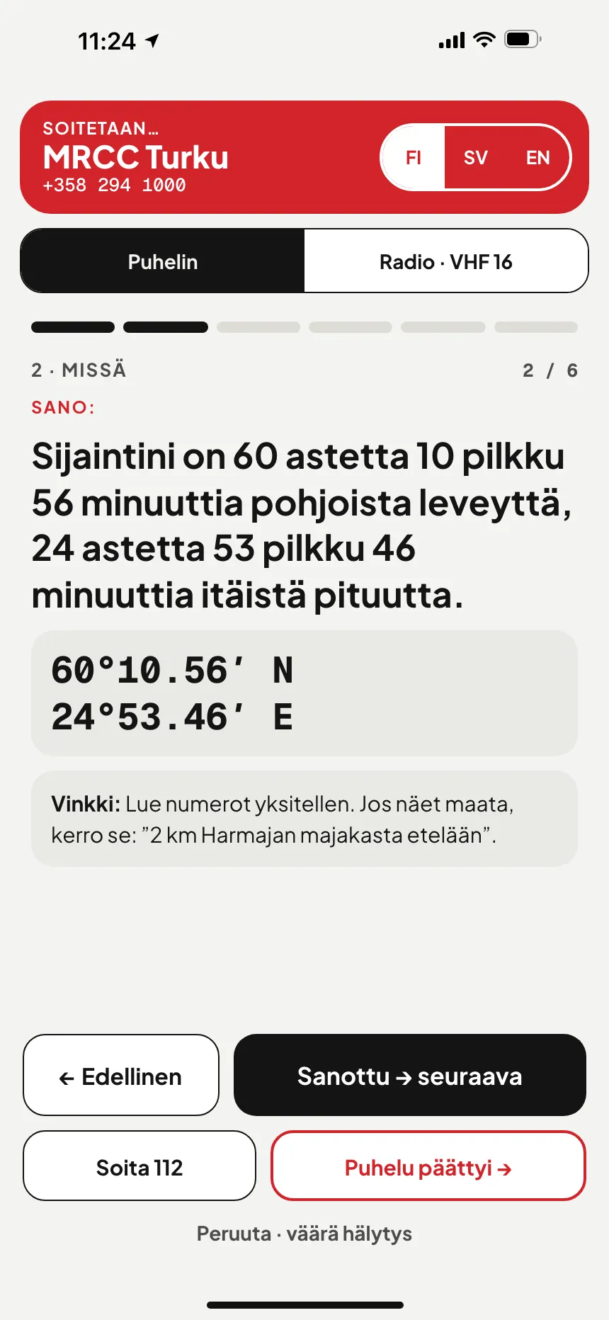VesselSOS-sovelluksen SOS: soitto MRCC Lisboaan, näiden vesien meripelastuskeskukseen, sijainti sanoina