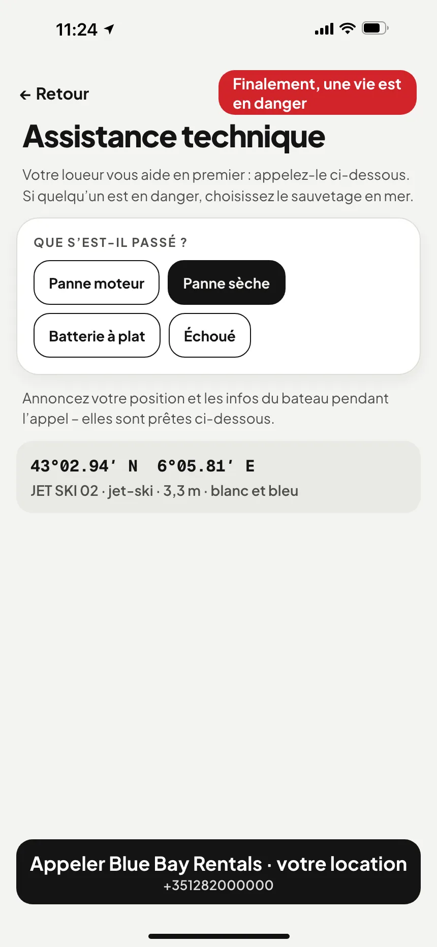 Appli VesselSOS, pas une urgence : assistance technique avec un bouton qui appelle le service d’assistance