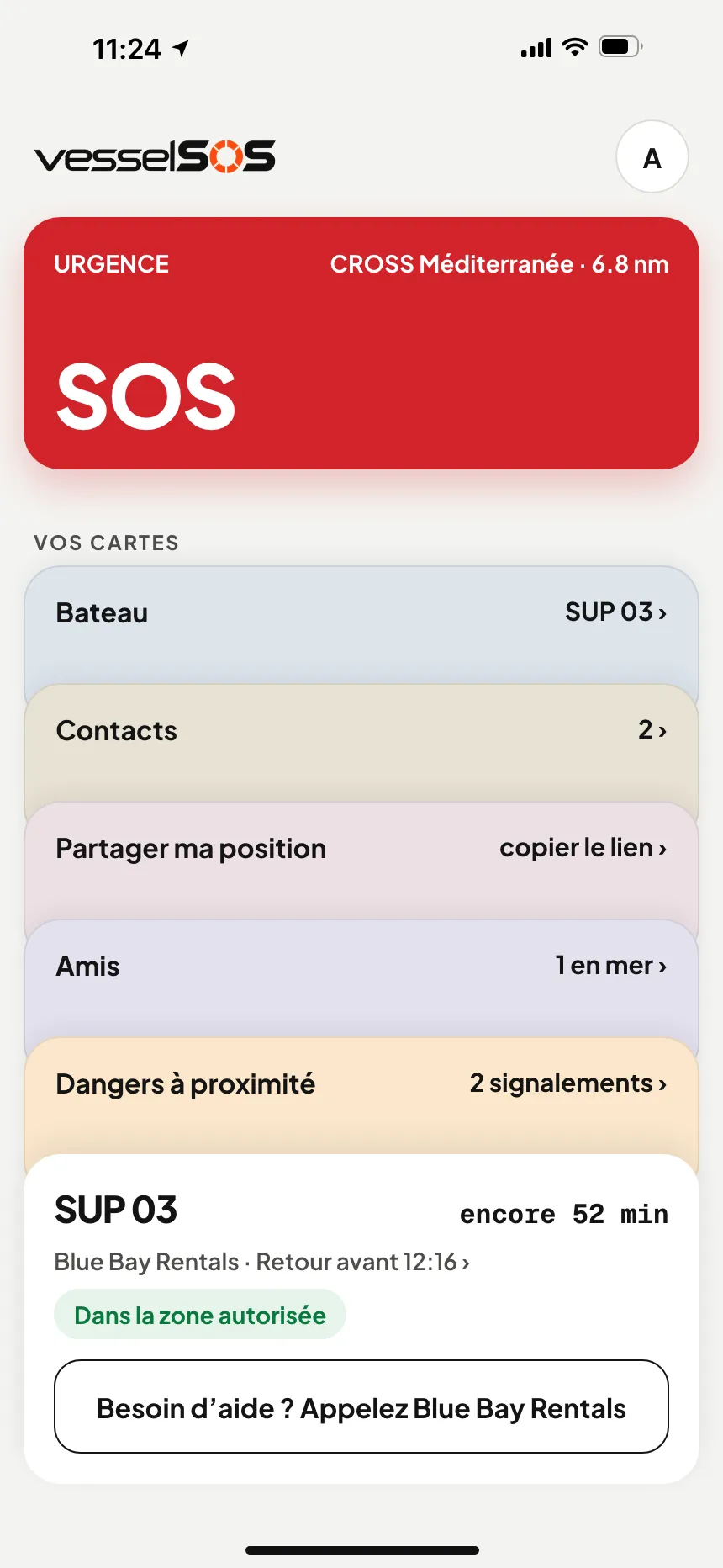 Appli VesselSOS sur l’eau : sortie en cours, retour à 12:30, Blue Bay Rentals et Sam suivent la sortie en direct