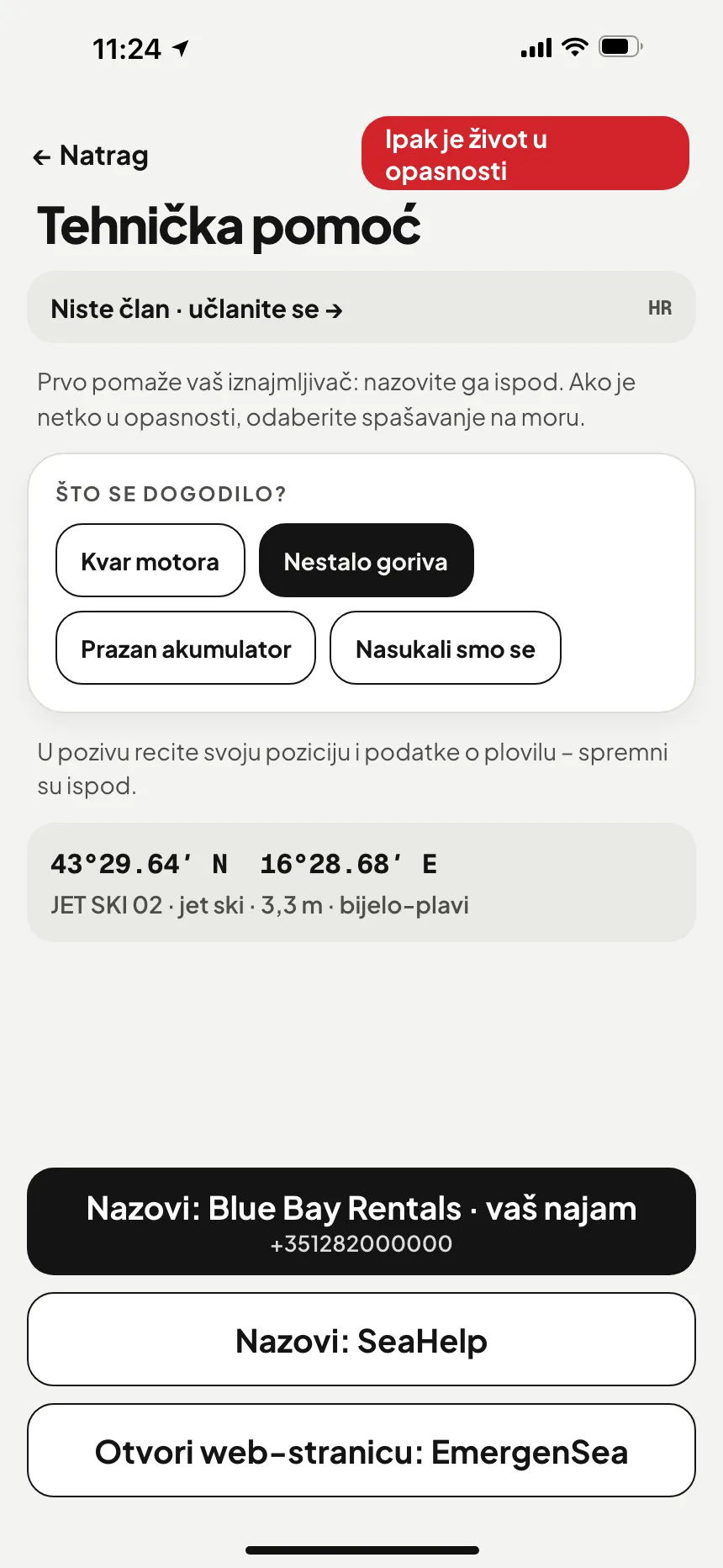 Aplikacija VesselSOS, nije hitno: tehnička pomoć s gumbom za poziv službi pomoći