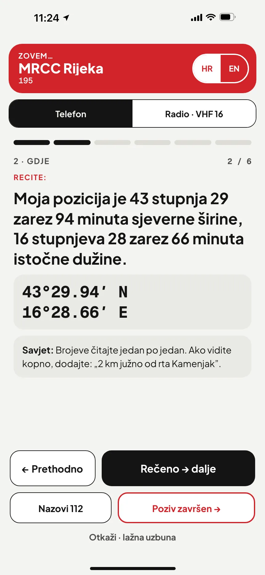 SOS u aplikaciji VesselSOS: poziv centru MRCC Lisboa, nadležnom centru za spašavanje za ovo more, s pozicijom riječima