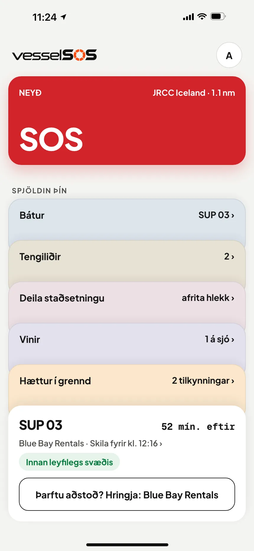 VesselSOS-appið á sjónum: ferð í gangi, til baka kl. 12:30, Blue Bay Rentals og Sam sjá ferðina í rauntíma