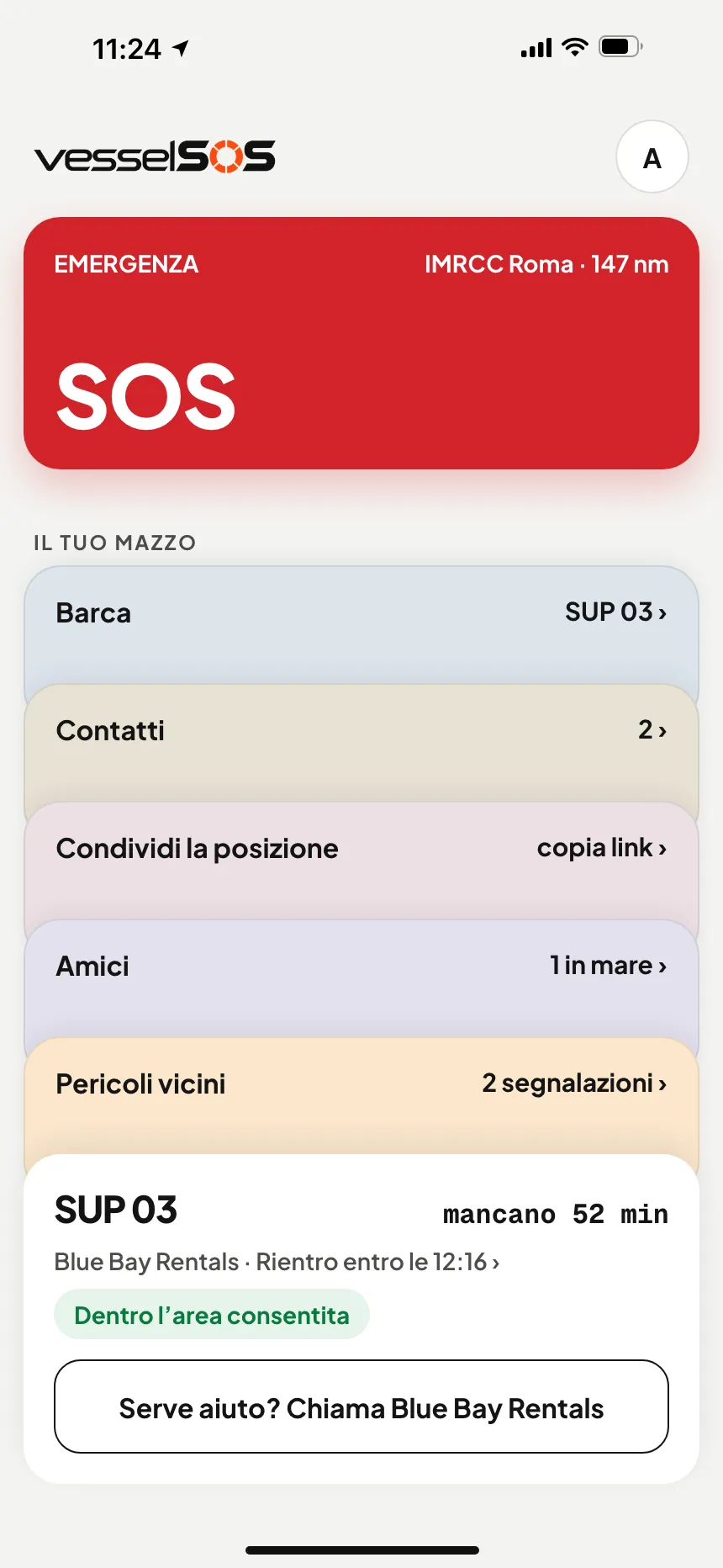 App VesselSOS in acqua: uscita in corso, rientro entro le 12:30; Blue Bay Rentals e Sam seguono l’uscita in tempo reale