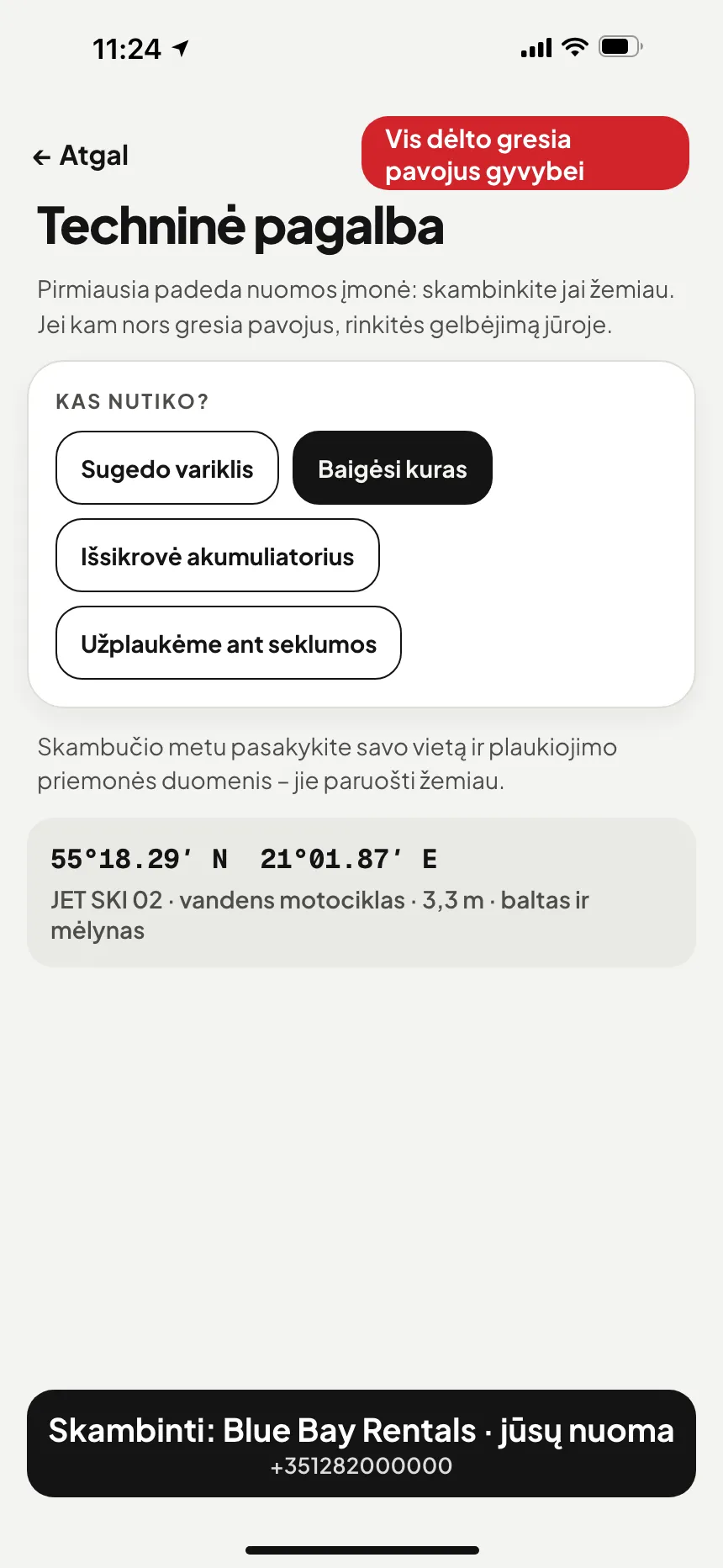 VesselSOS programėlė, ne nelaimė: techninė pagalba su mygtuku, kuris skambina pagalbos tarnybai