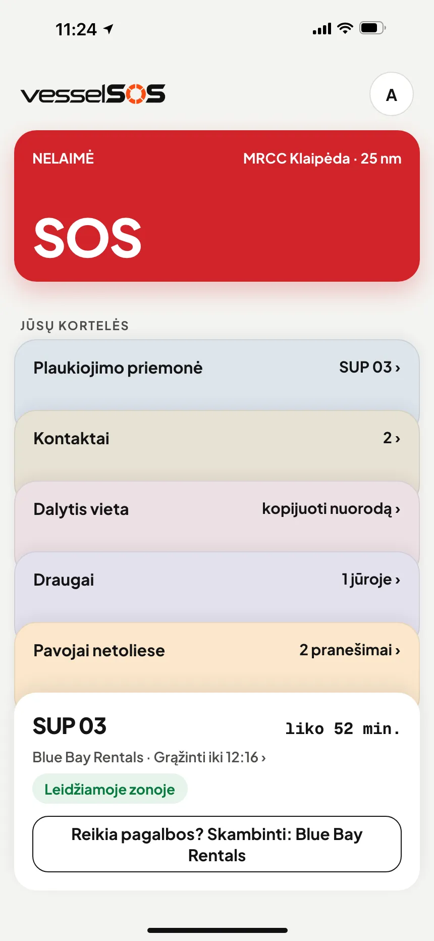 VesselSOS programėlė vandenyje: kelionė vyksta, grįžimas 12:30, Blue Bay Rentals ir Sam mato kelionę realiu laiku