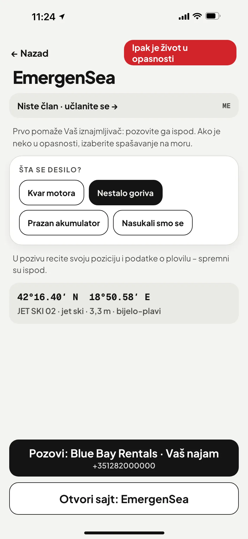 Aplikacija VesselSOS, nije hitno: tehnička pomoć sa dugmetom za poziv službi pomoći