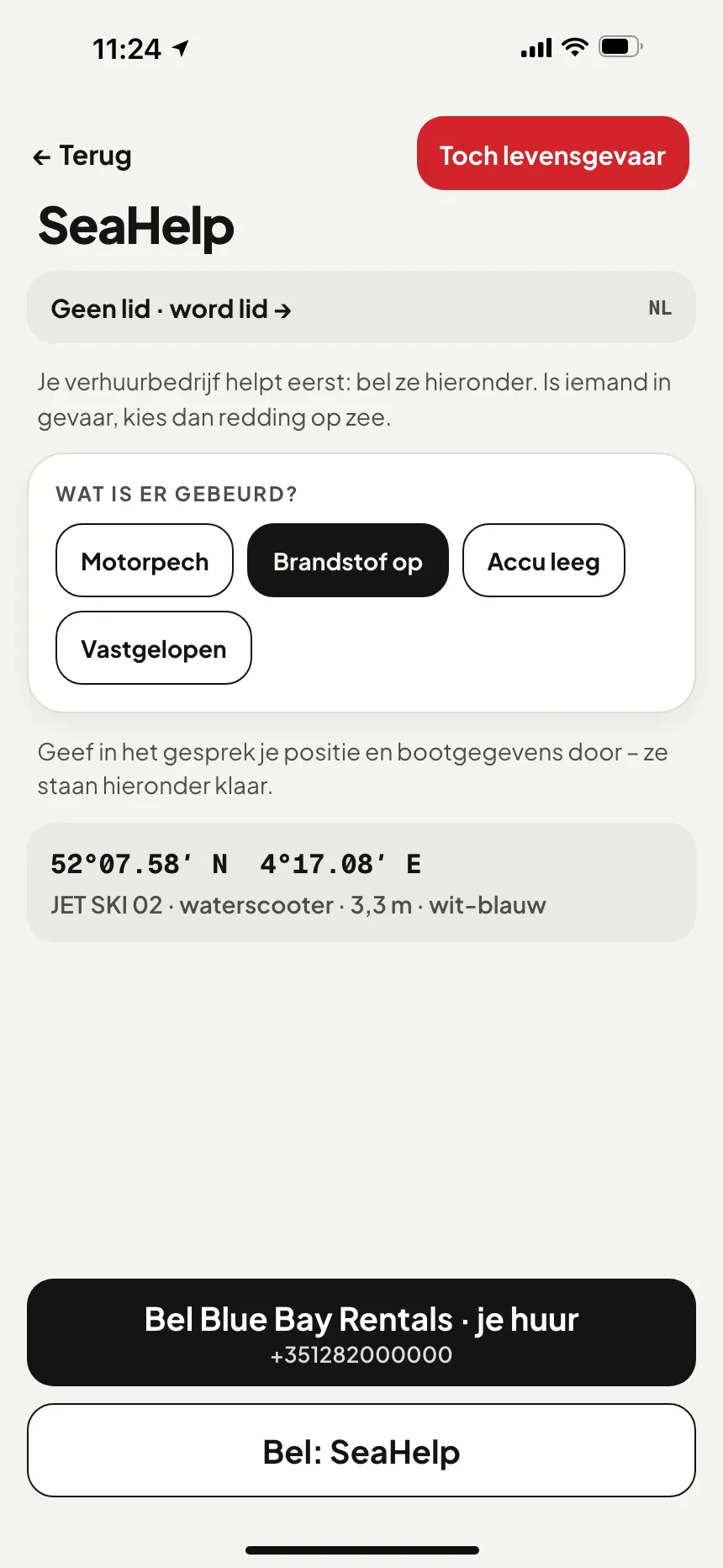 VesselSOS-app, geen noodgeval: technische hulp met een knop die de hulpdienst belt