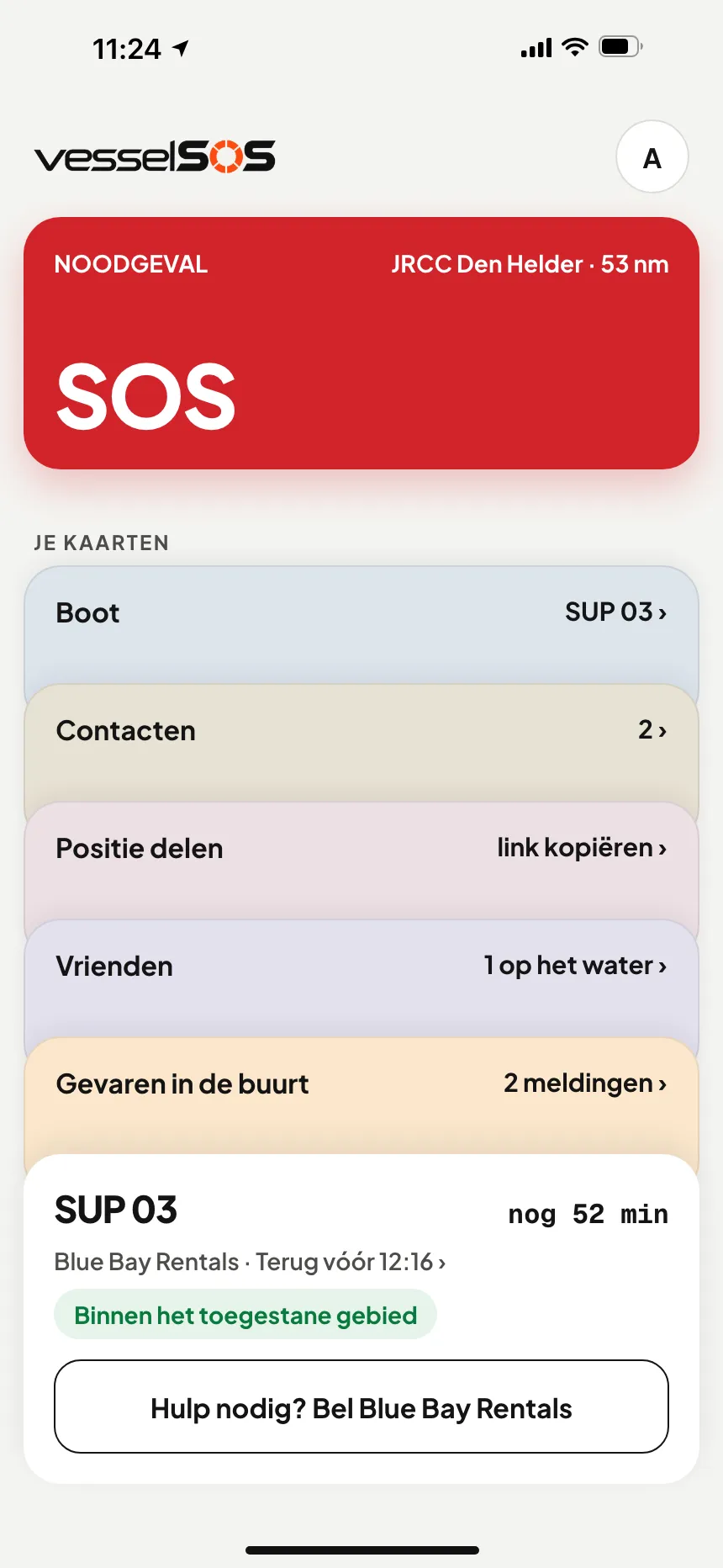 VesselSOS-app op het water: tocht bezig, terug om 12:30, Blue Bay Rentals en Sam volgen de tocht live