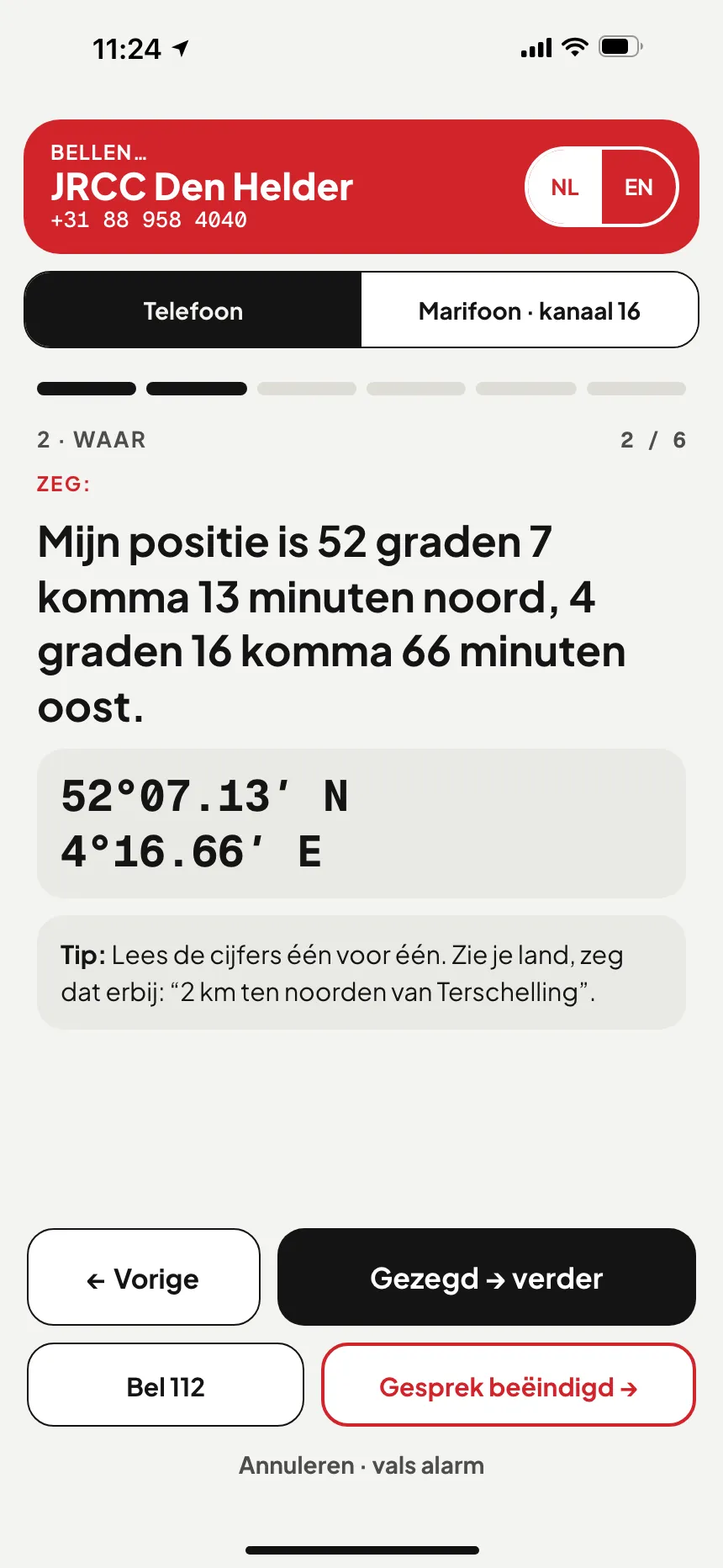 SOS in de VesselSOS-app: belt MRCC Lisboa, de reddingscentrale voor dit water, met de positie in woorden