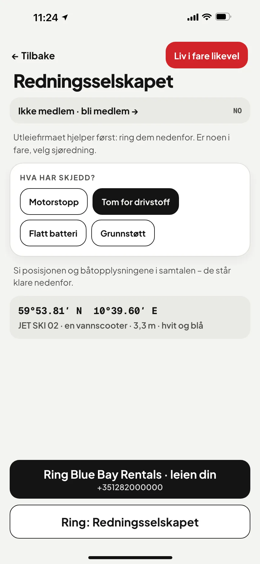 VesselSOS-appen, ikke en nødsituasjon: teknisk assistanse med en knapp som ringer assistansetjenesten
