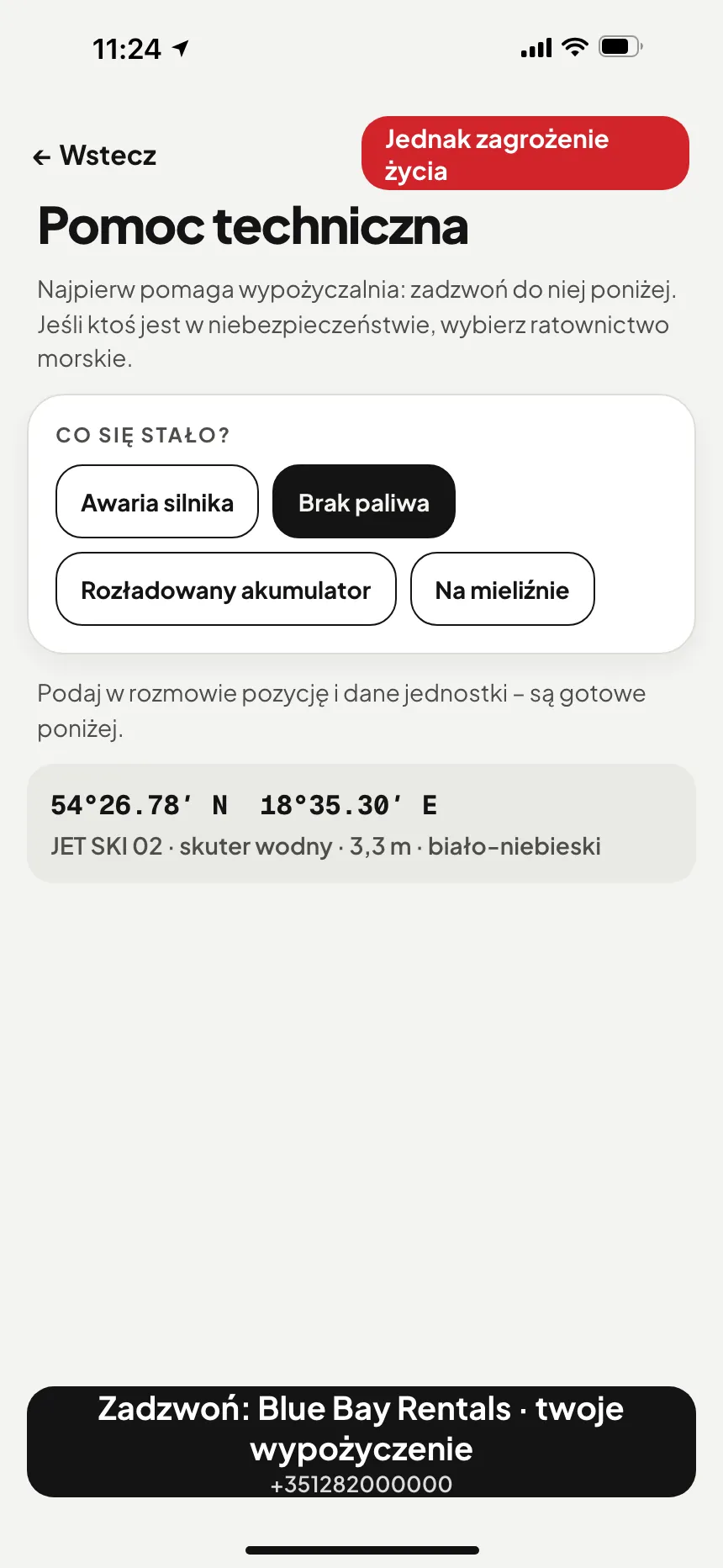 Aplikacja VesselSOS, sytuacja bez zagrożenia życia: pomoc techniczna z przyciskiem, który dzwoni do służby pomocy