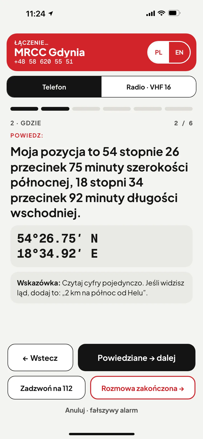 SOS w aplikacji VesselSOS: połączenie z MRCC Lisboa, centrum ratowniczym dla tych wód, z pozycją podaną słowami