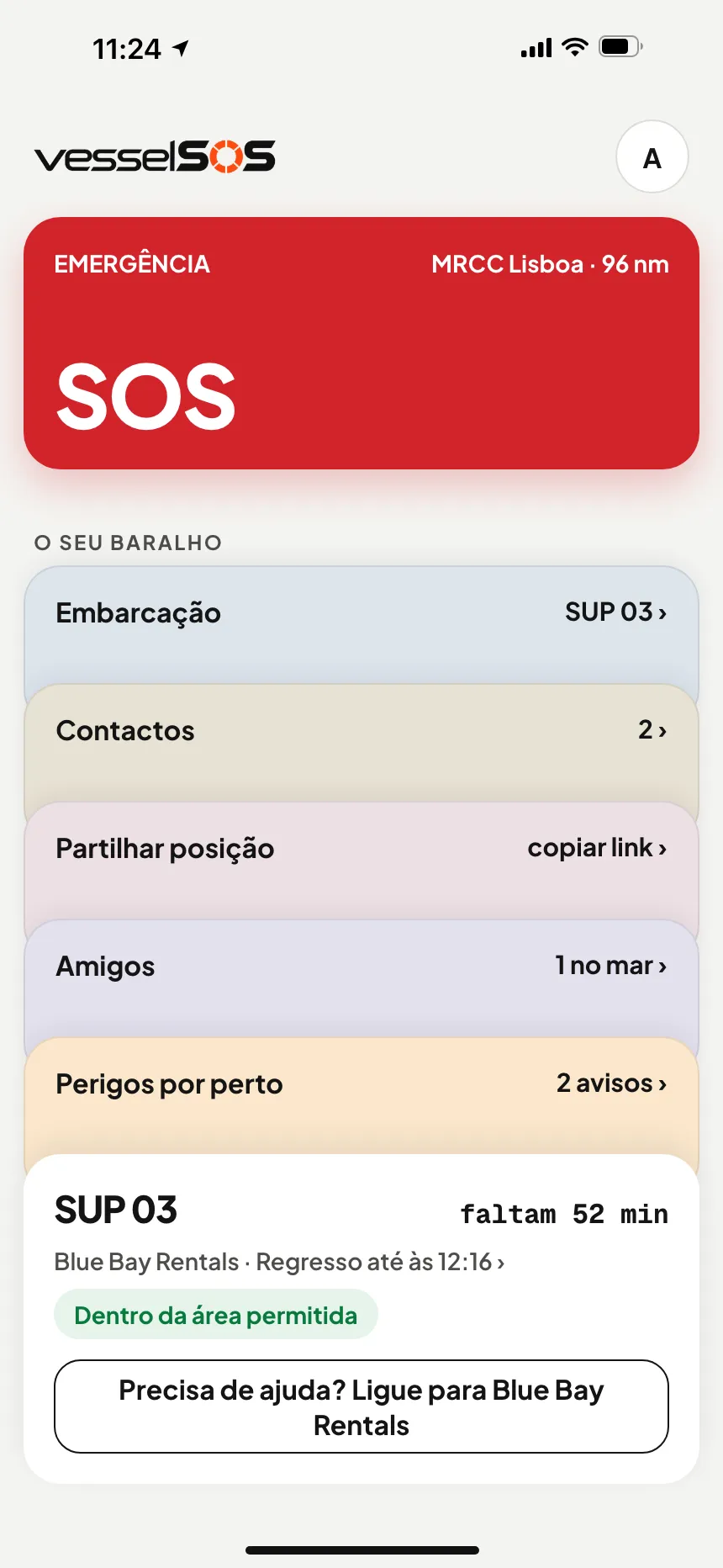 App VesselSOS na água: viagem em curso, regresso às 12:30; a Blue Bay Rentals e o Sam veem a viagem em tempo real