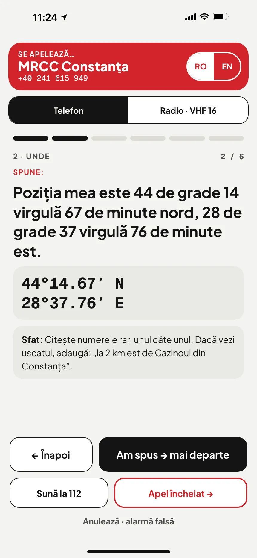 SOS în aplicația VesselSOS: apel la MRCC Lisboa, centrul de salvare pentru aceste ape, cu poziția în cuvinte
