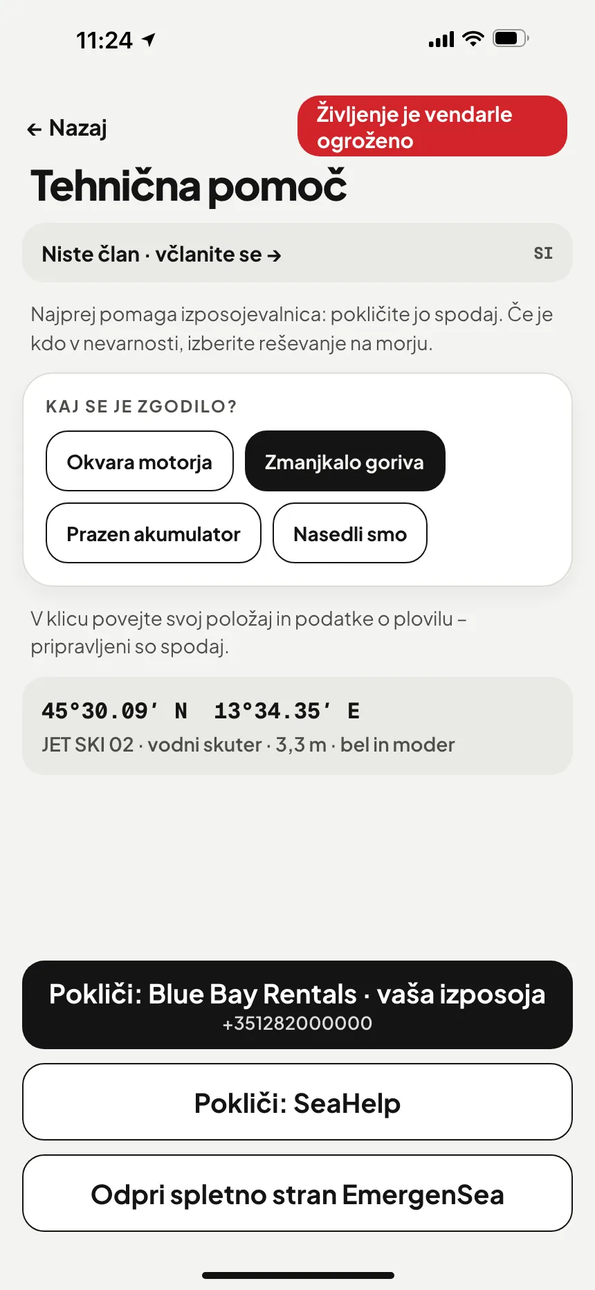Aplikacija VesselSOS, ni nujni primer: tehnična pomoč z gumbom, ki pokliče službo za pomoč