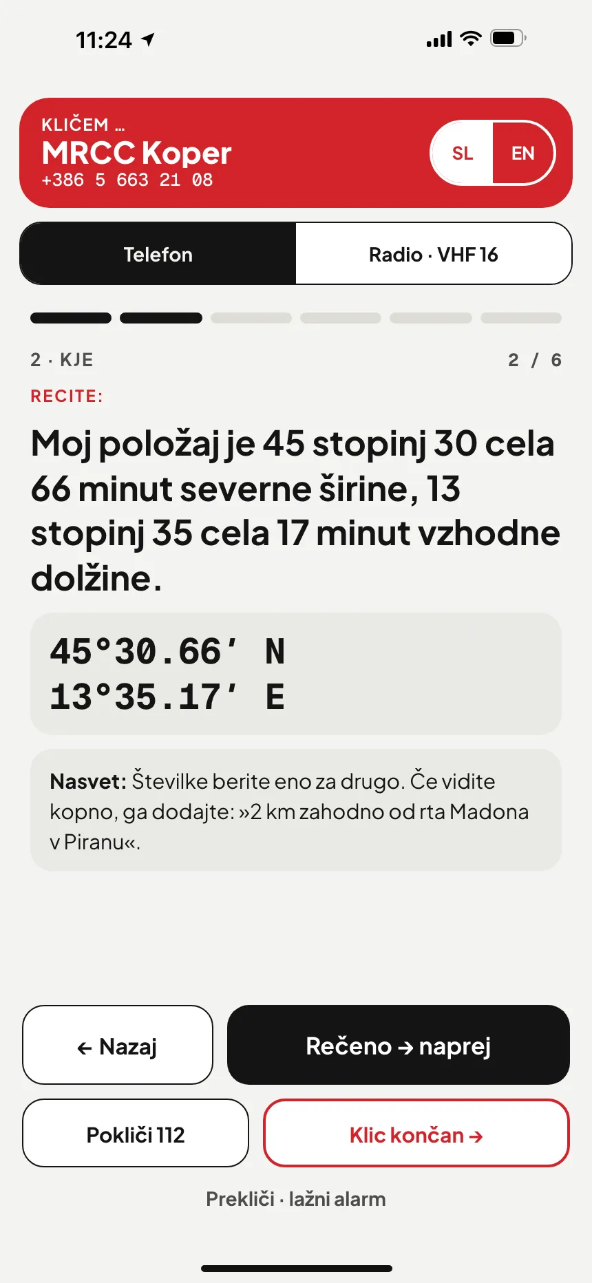 SOS v aplikaciji VesselSOS: klic MRCC Lisboa, centra za reševanje za te vode, s položajem z besedami