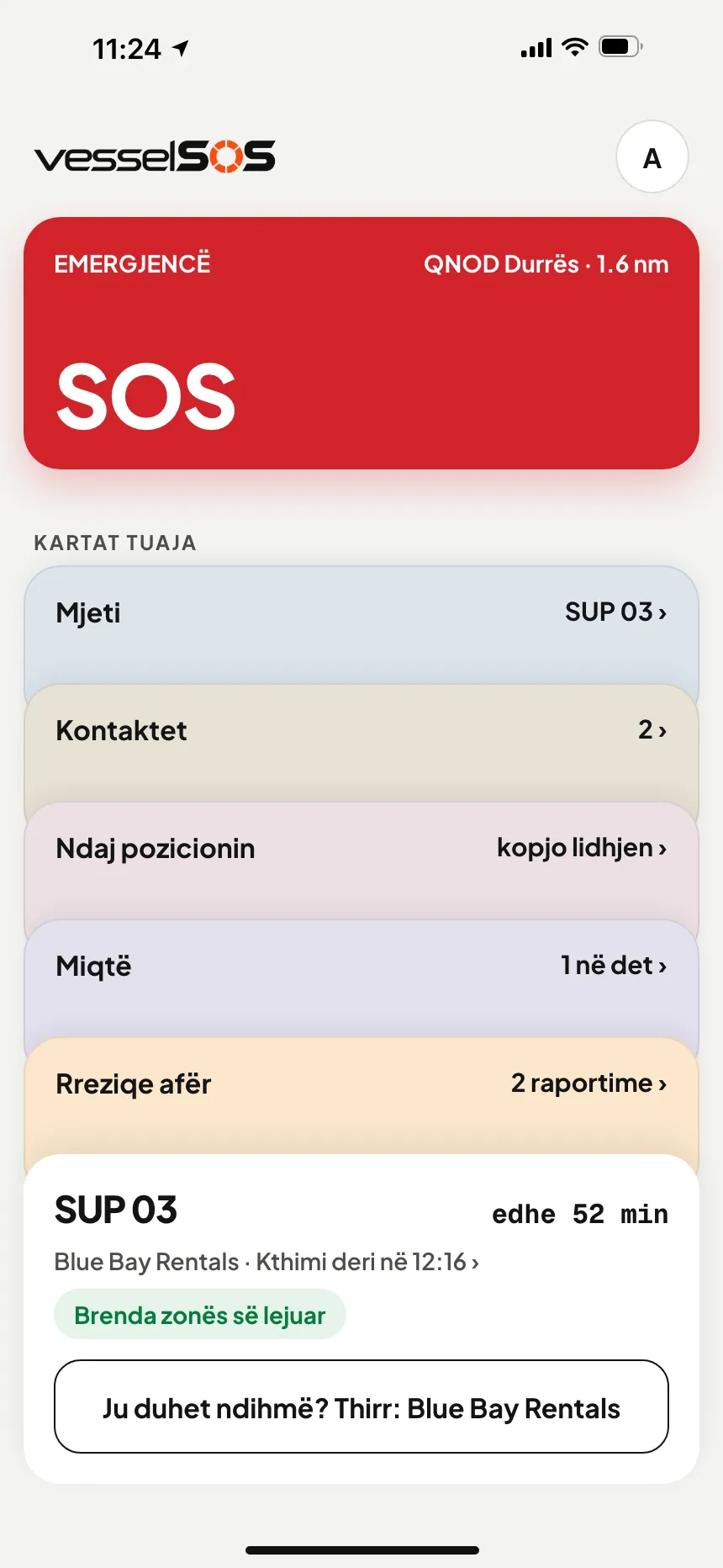 Aplikacioni VesselSOS në ujë: dalje në vazhdim, kthimi deri në 12:30, Blue Bay Rentals dhe Sam e shohin daljen live