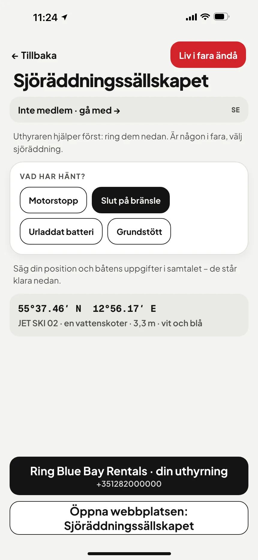 VesselSOS-appen, inte nöd: teknisk assistans med en knapp som ringer assistanstjänsten