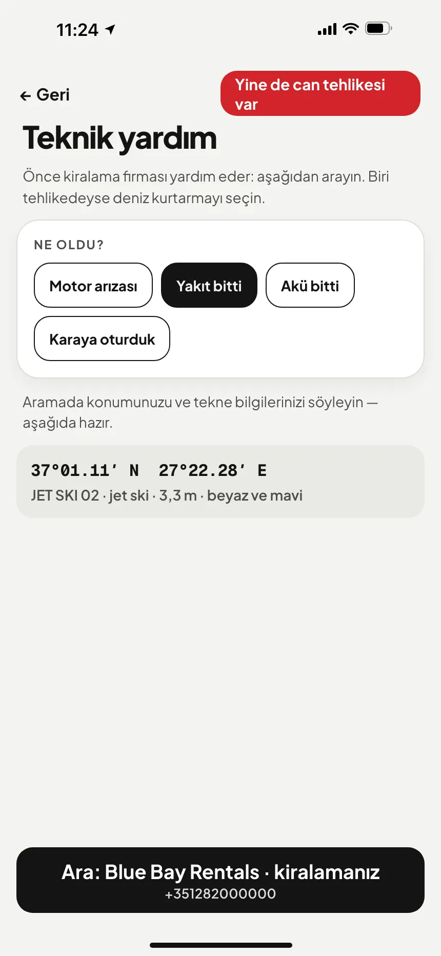 VesselSOS uygulaması, acil durum değil: yardım hizmetini arayan düğmeyle teknik yardım ekranı