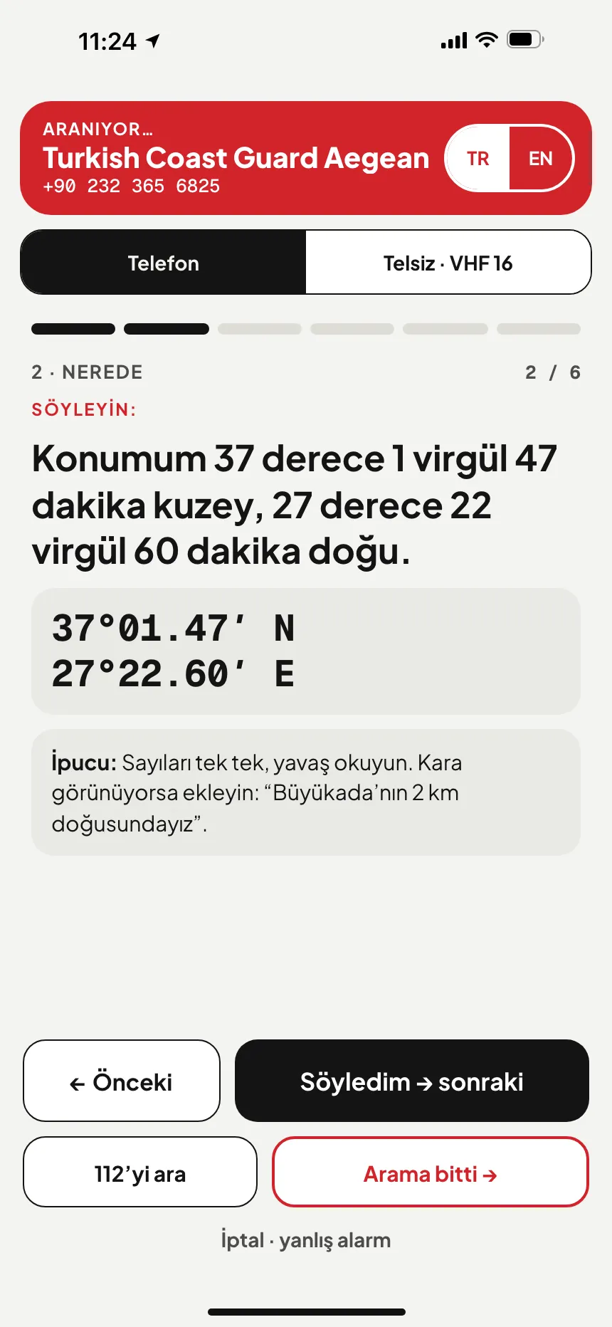 VesselSOS uygulamasında SOS: bu suların arama kurtarma merkezi MRCC Lisboa aranıyor, konum kelimelerle ekranda