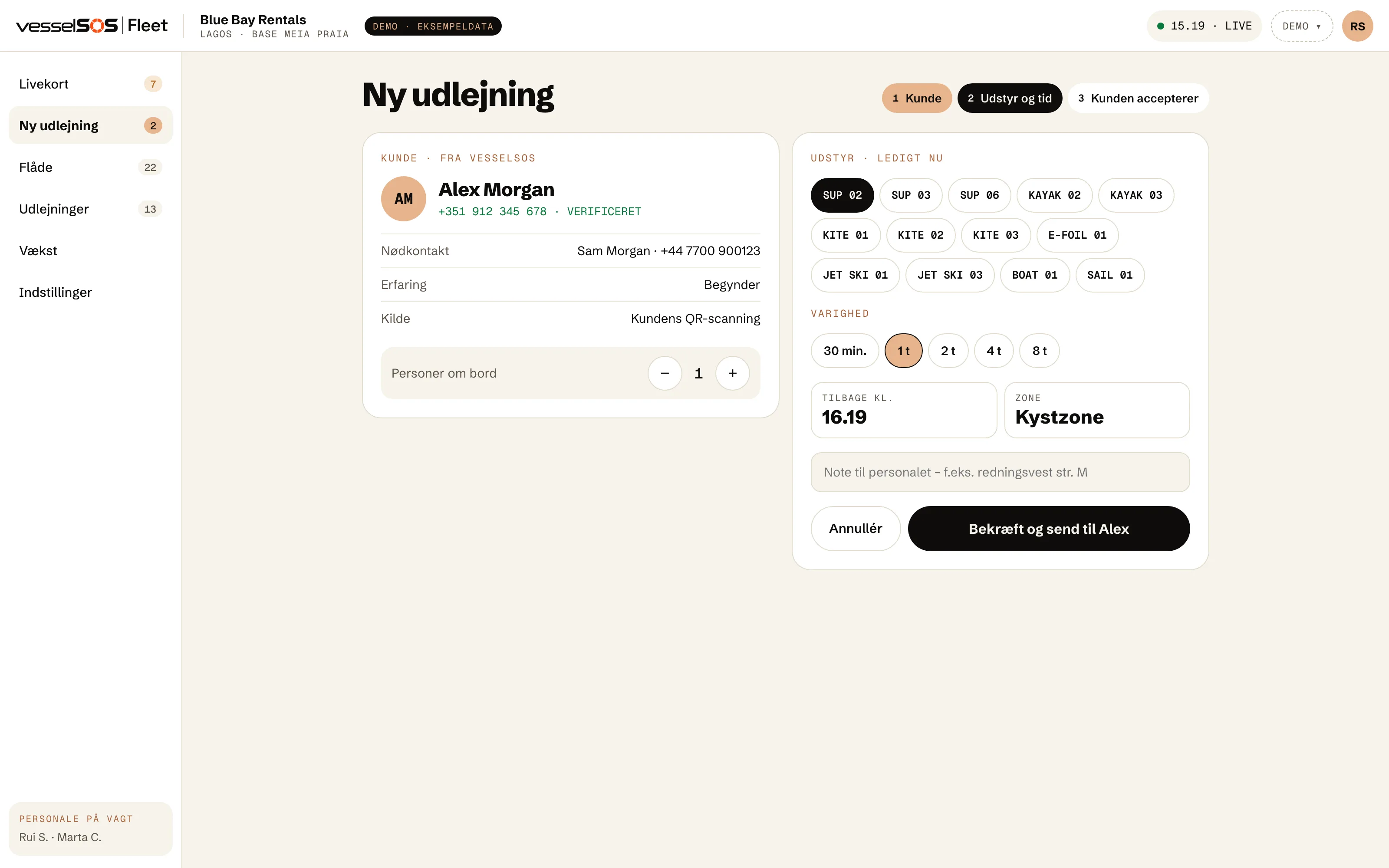 Fleet-dashboard: en ny udlejning med kunden fra deres QR-kode, udstyret og afleveringstiden