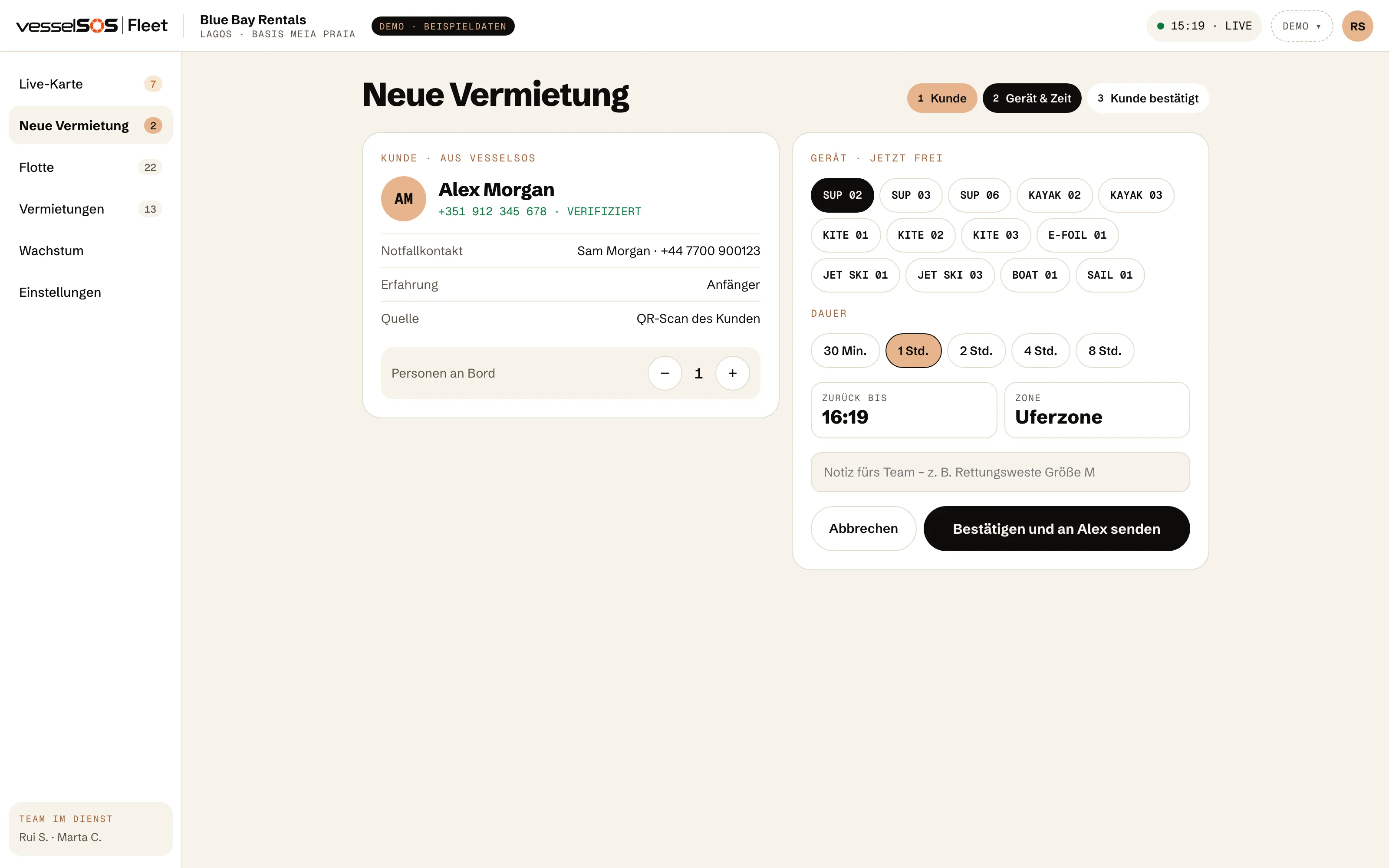 Fleet-Dashboard: neue Vermietung mit dem Kunden aus seinem QR-Code, dem Mietgerät und der Rückgabezeit