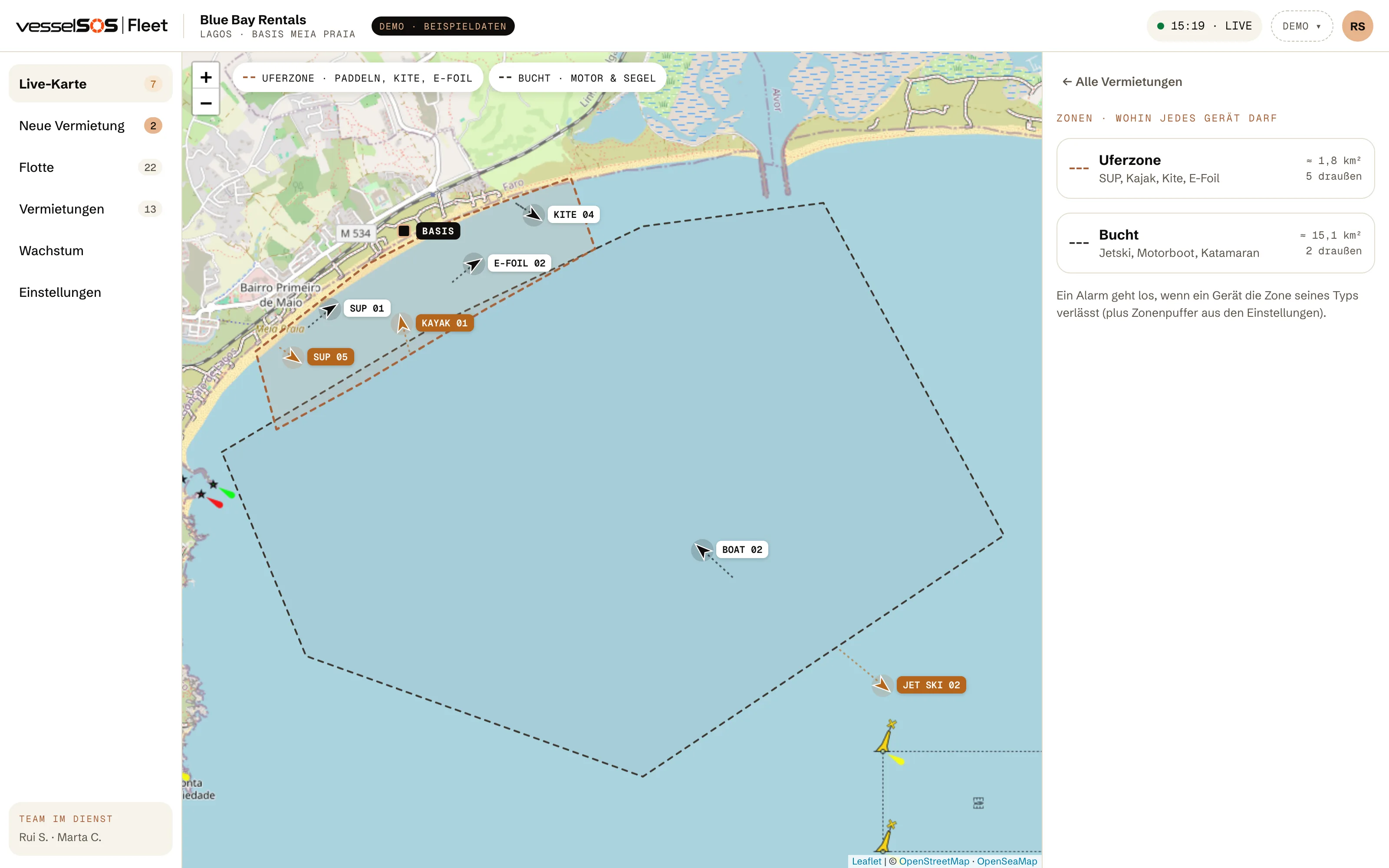 Fleet-Dashboard: Ufer- und Buchtzone auf der Seekarte