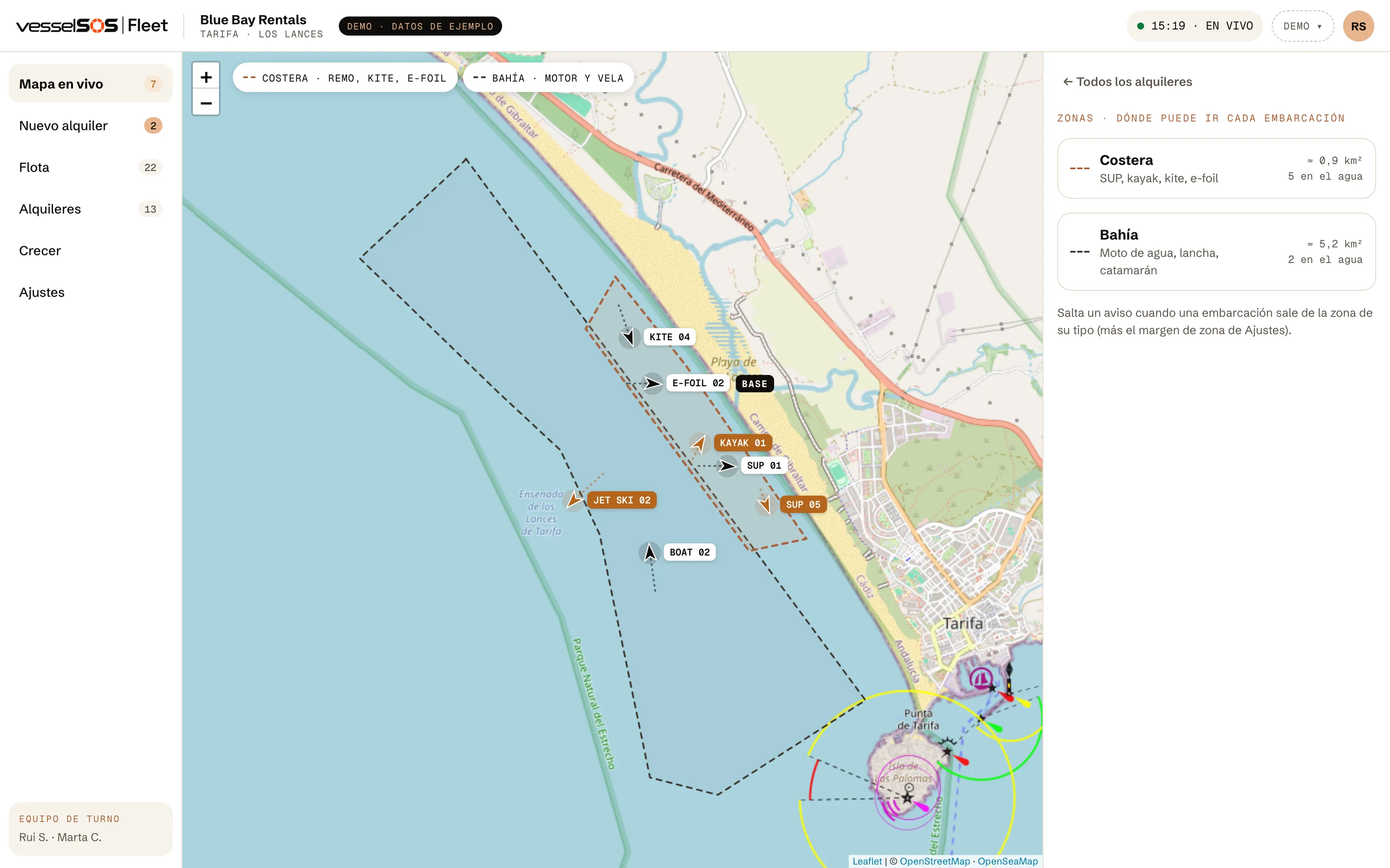 Panel Fleet: las zonas costera y de la bahía sobre la carta náutica