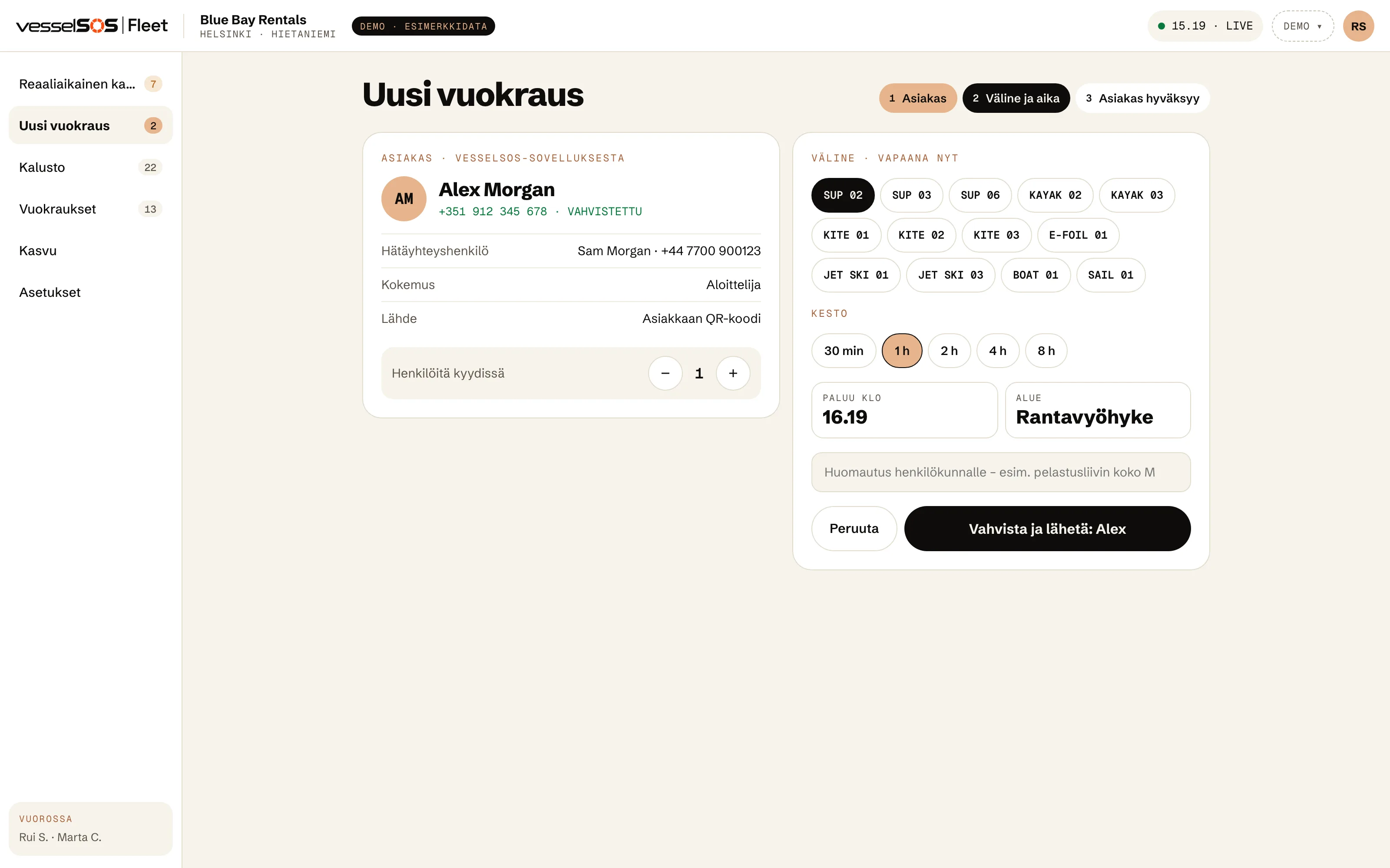 Fleet-hallintapaneeli: uusi vuokraus, asiakkaan tiedot QR-koodista, väline ja palautusaika