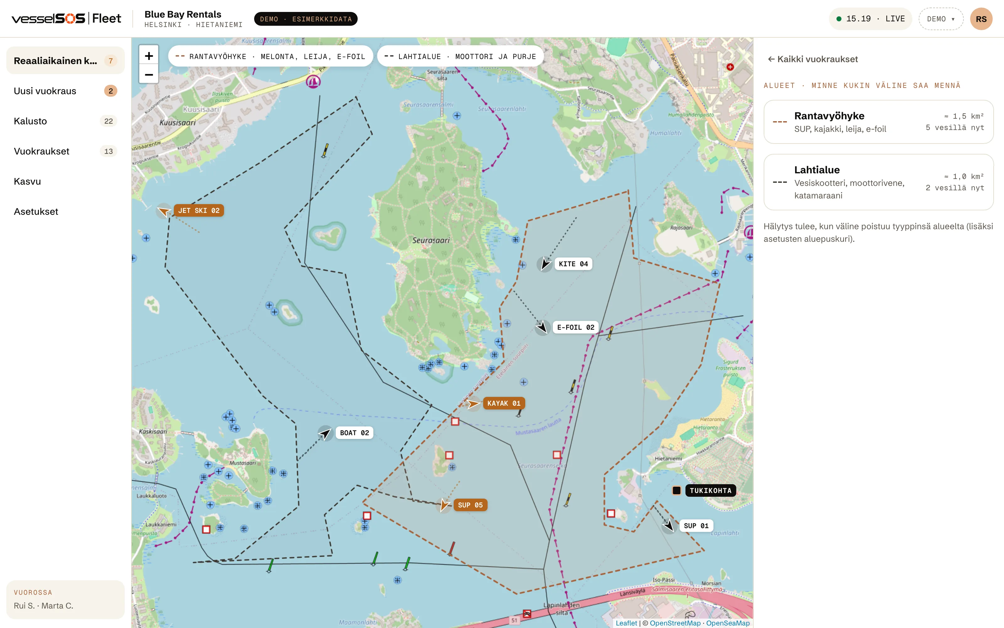 Fleet-hallintapaneeli: ranta- ja lahtialue merikartalla