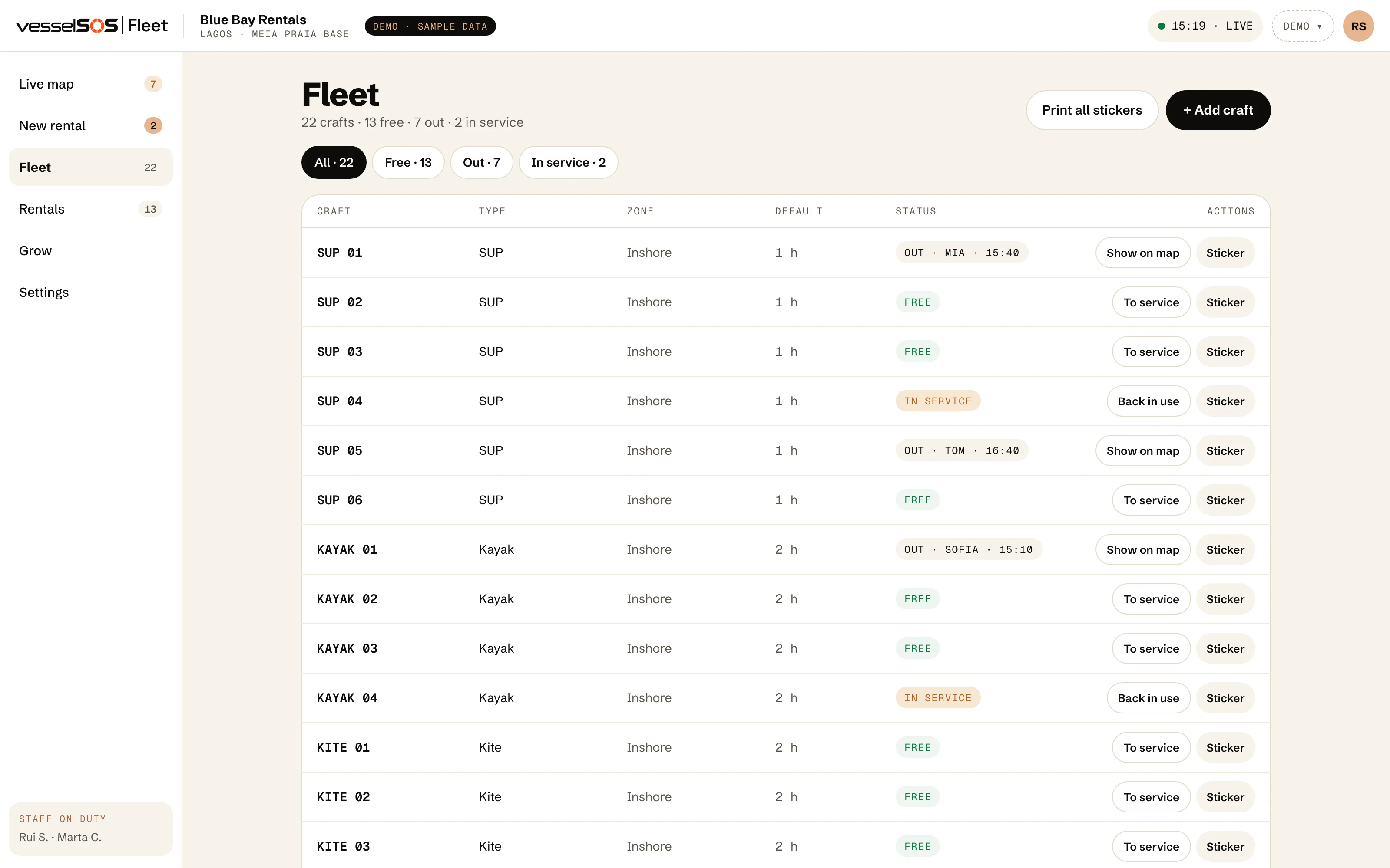 Fleet dashboard: the fleet table with every craft, its status and a sticker button