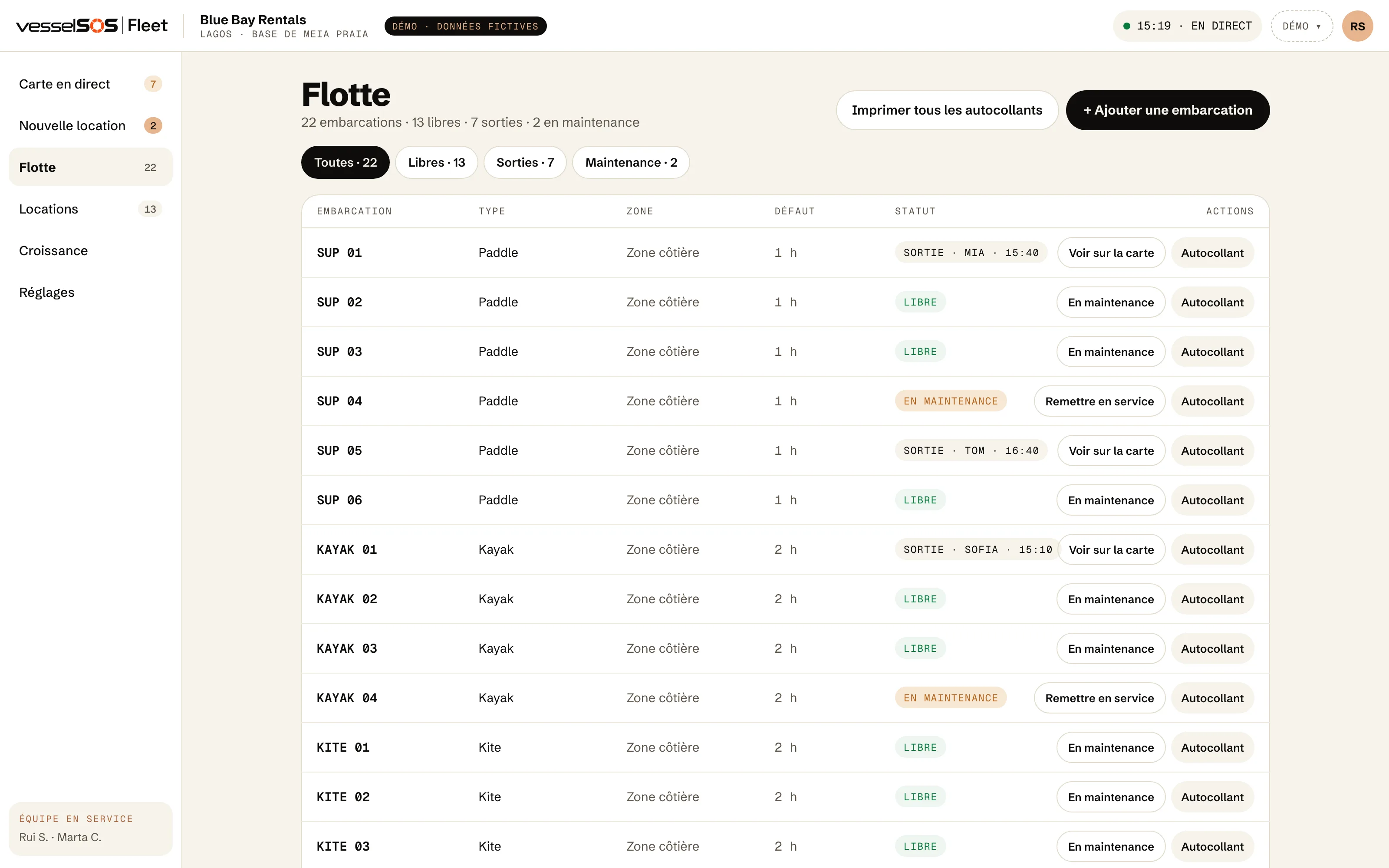 Tableau de bord Fleet : la liste de la flotte avec chaque embarcation, son statut et un bouton autocollant