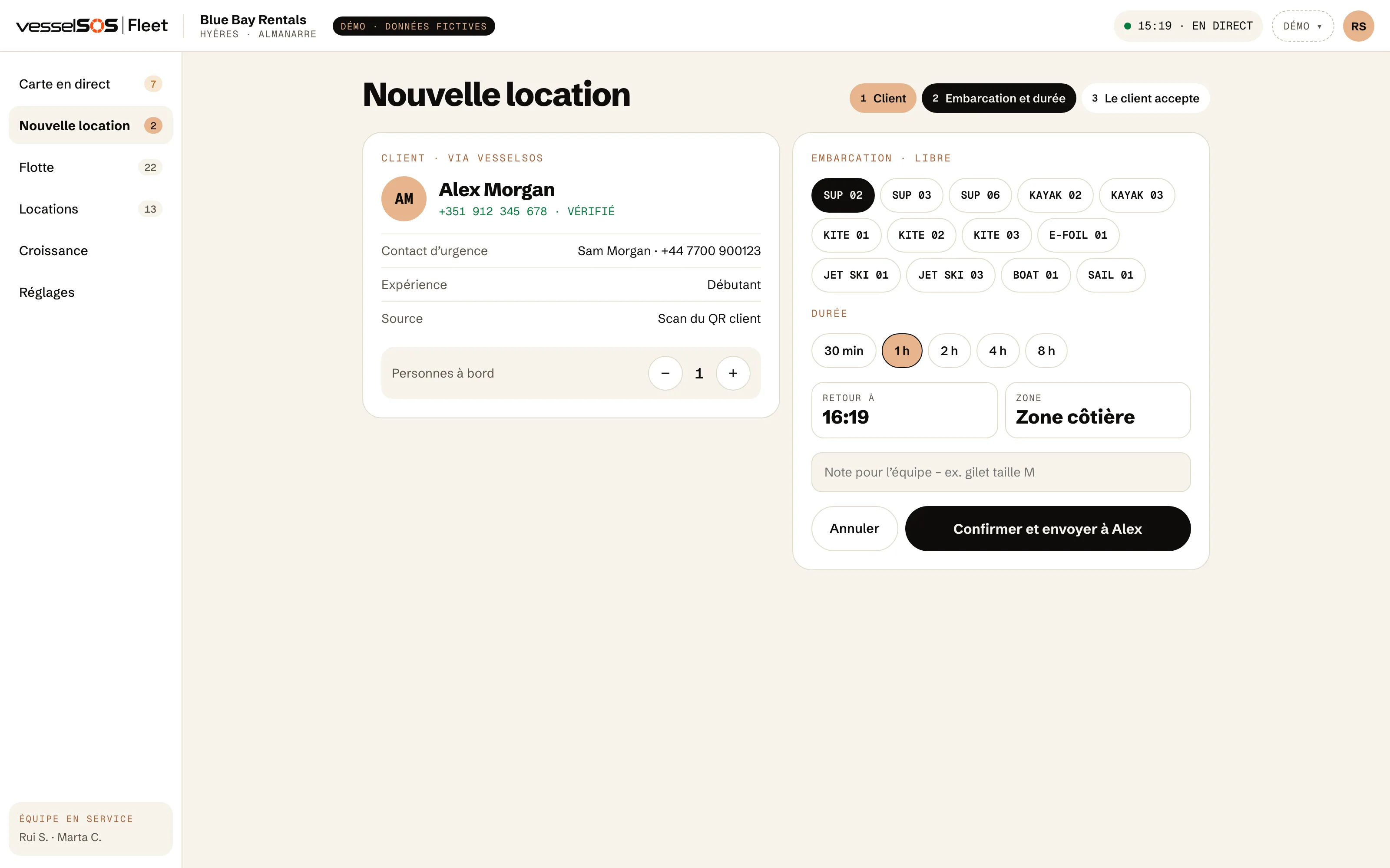 Tableau de bord Fleet : une nouvelle location avec le client issu de son QR, l’embarcation et l’heure de retour