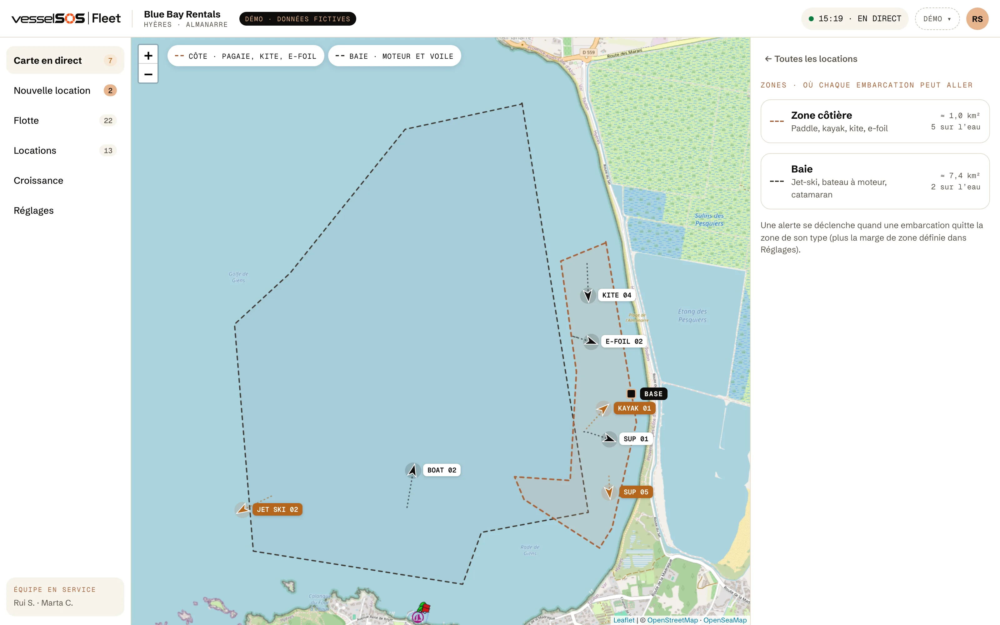 Tableau de bord Fleet : la zone côtière et la zone de la baie sur la carte marine