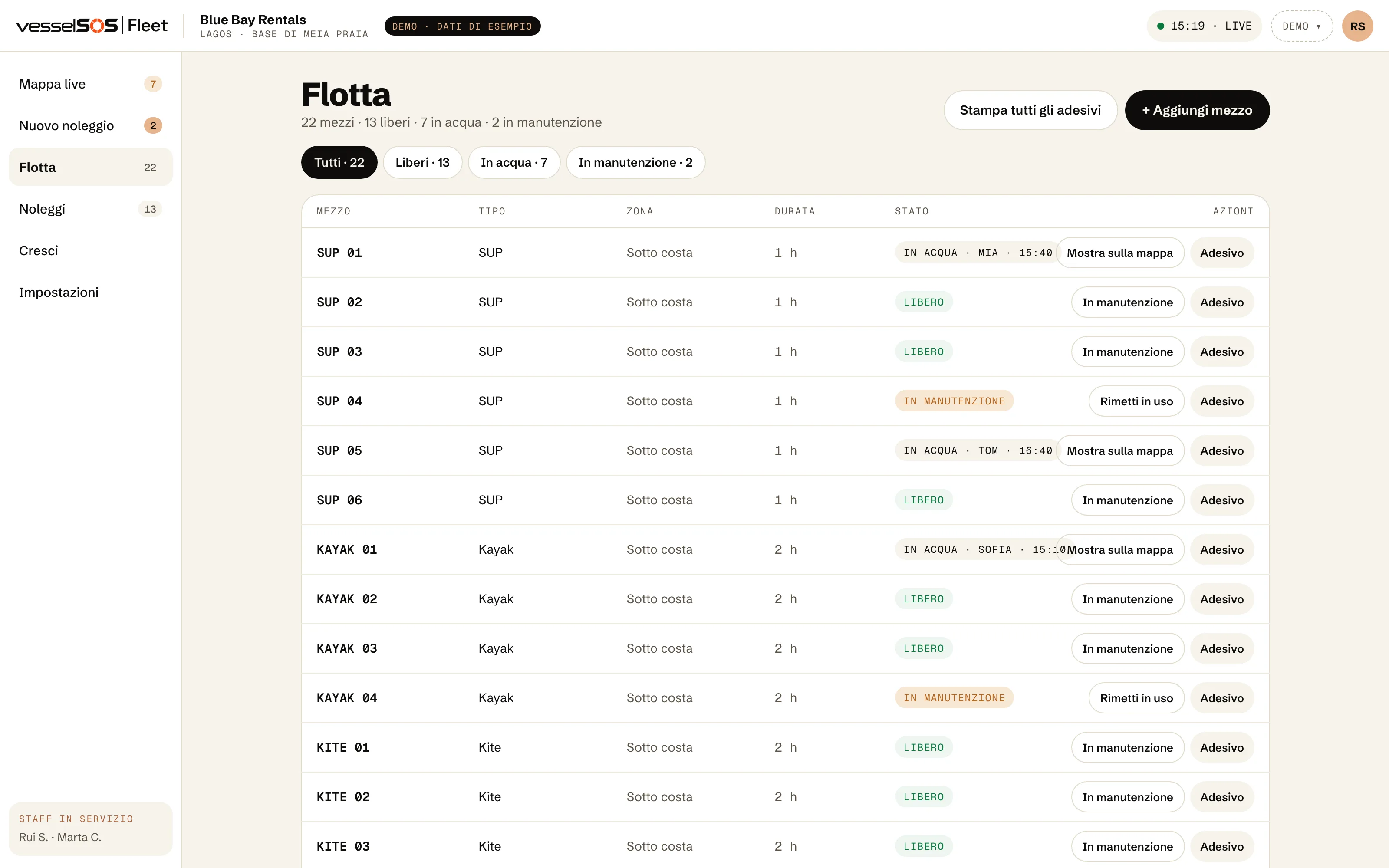 Dashboard Fleet: la tabella della flotta con ogni mezzo, il suo stato e un pulsante per l’adesivo
