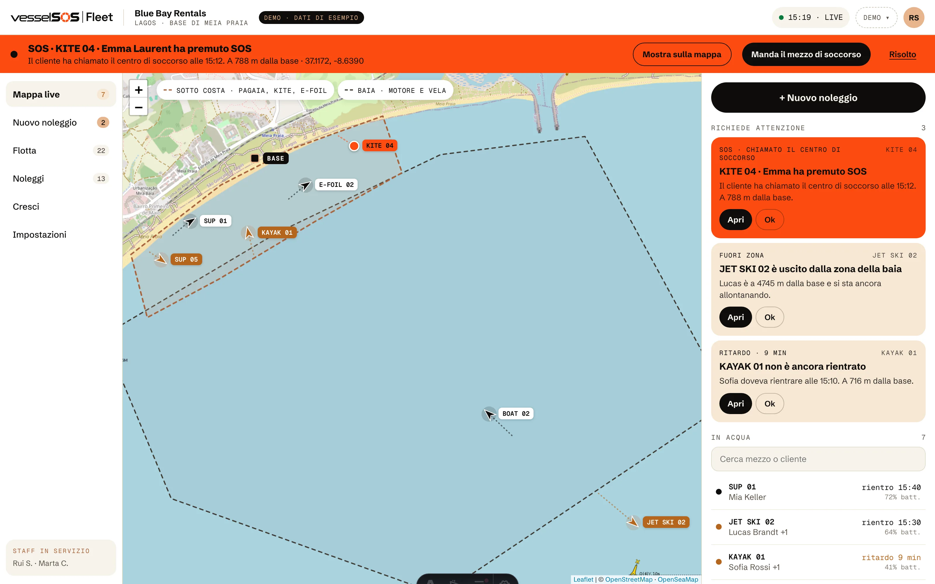 Dashboard Fleet: mappa live con ogni noleggio e gli avvisi che richiedono attenzione