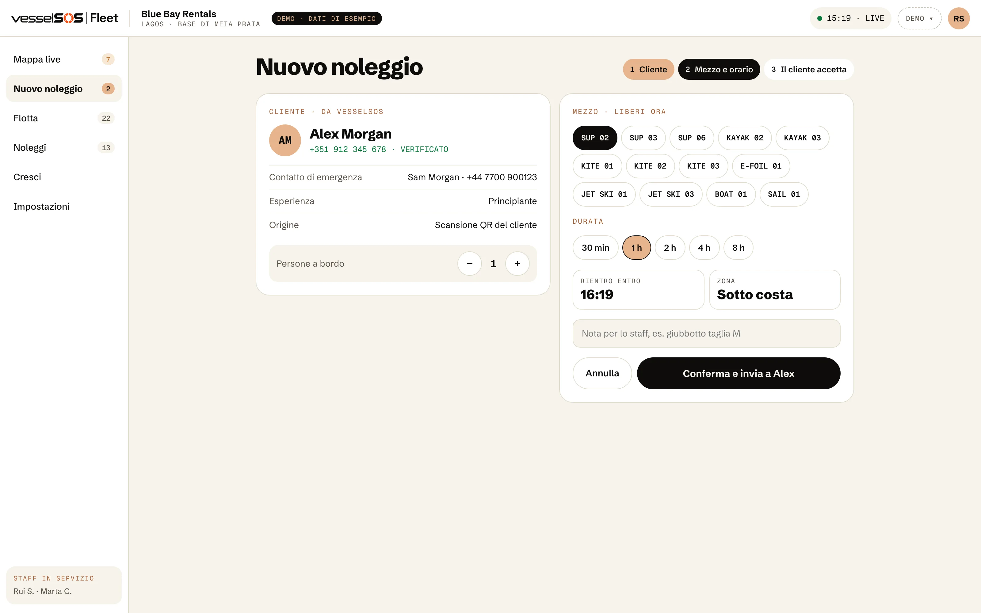 Dashboard Fleet: un nuovo noleggio con il cliente dal suo QR, il mezzo e l’orario di rientro